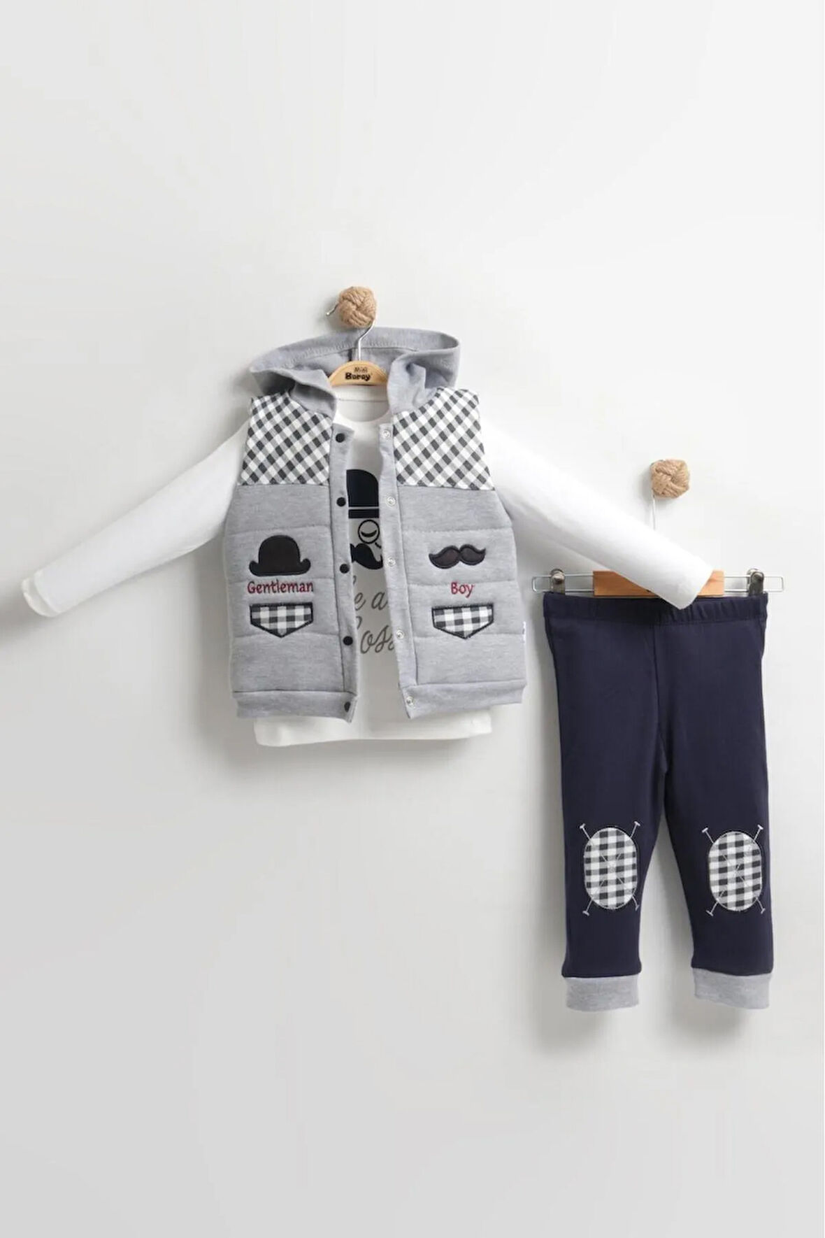 Erkek Bebek Bıyıklı Şişme Yelek 3'lü Takım (6-12 Ay) Pamuklu
