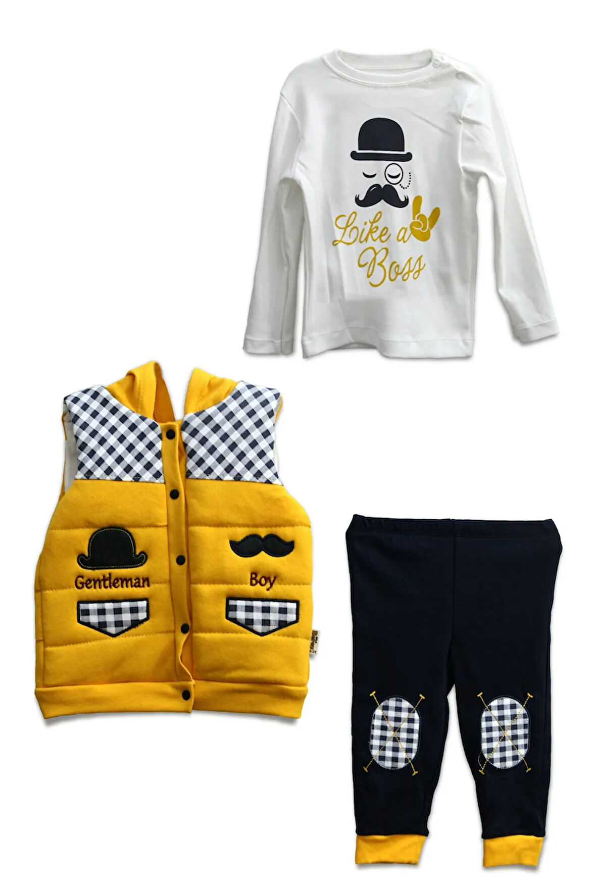 Erkek Bebek Sarı Yelek & Tişört & Pantolon 3'lü Takım (3-12 Ay)