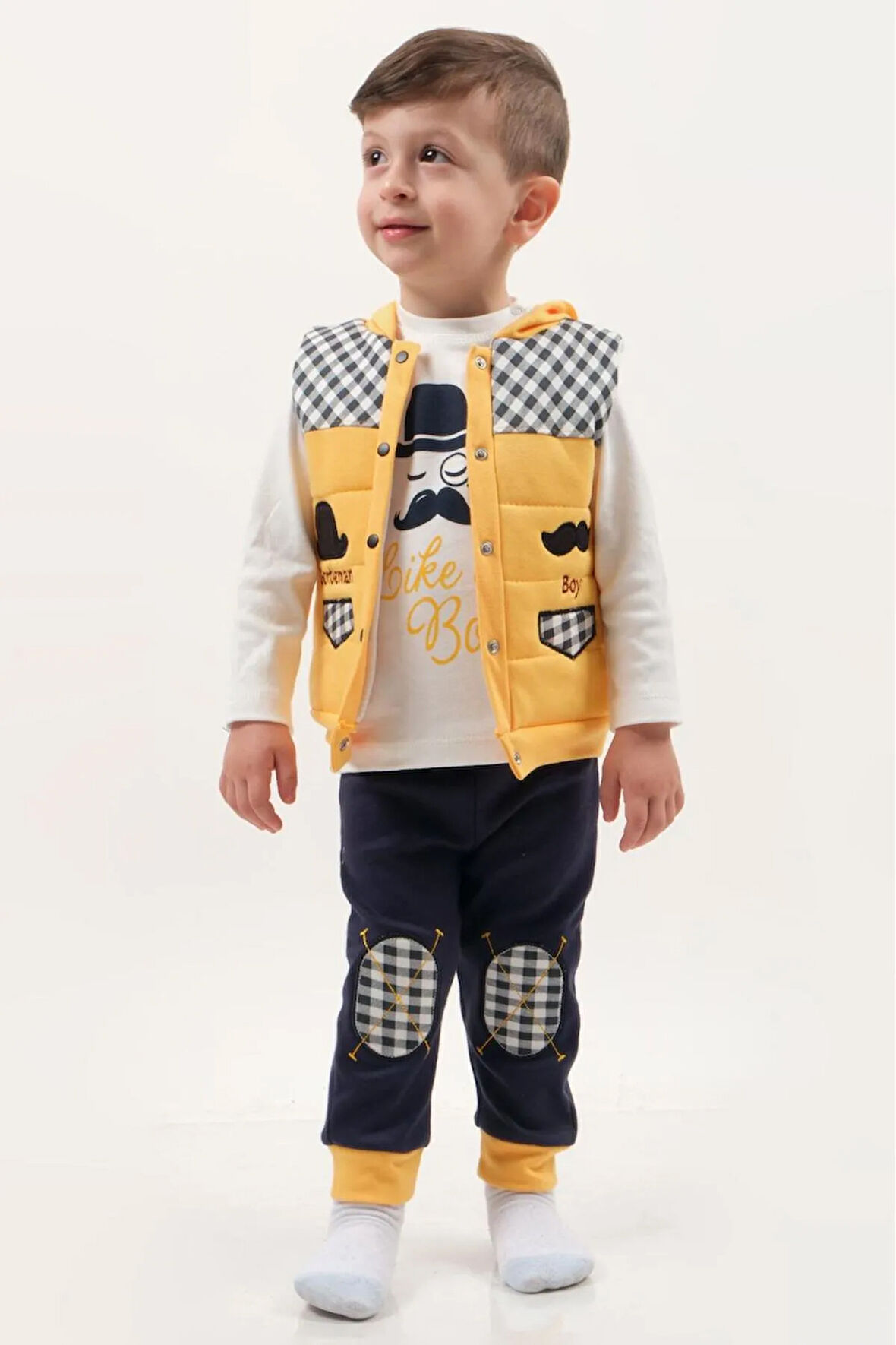 Erkek Çocuk Bıyıklı Şişme Yelek 3'lü Takım (2-3-4 Yaş) Pamuklu