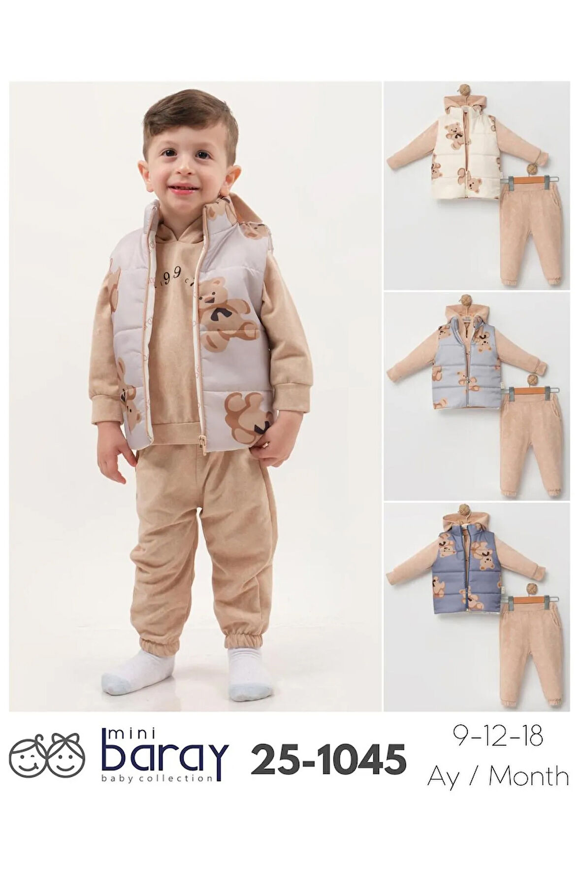 Erkek Bebek Mikro Şişme Yelekli Ayı Baskılı 3'lü Takım (9-12-18 Ay)