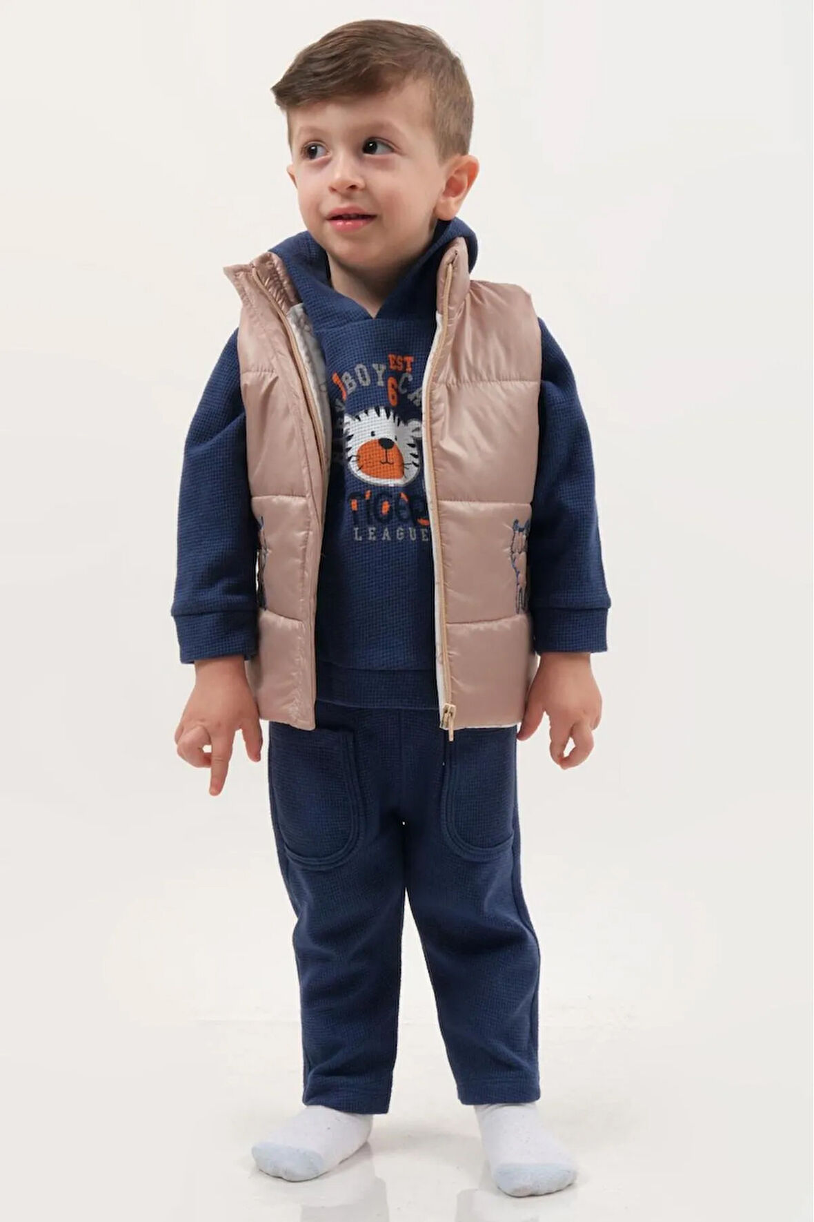 Erkek Bebek Kaplan Baskılı Şişme Yelek 3'lü Takım (9-12-18 Ay) Pamuk