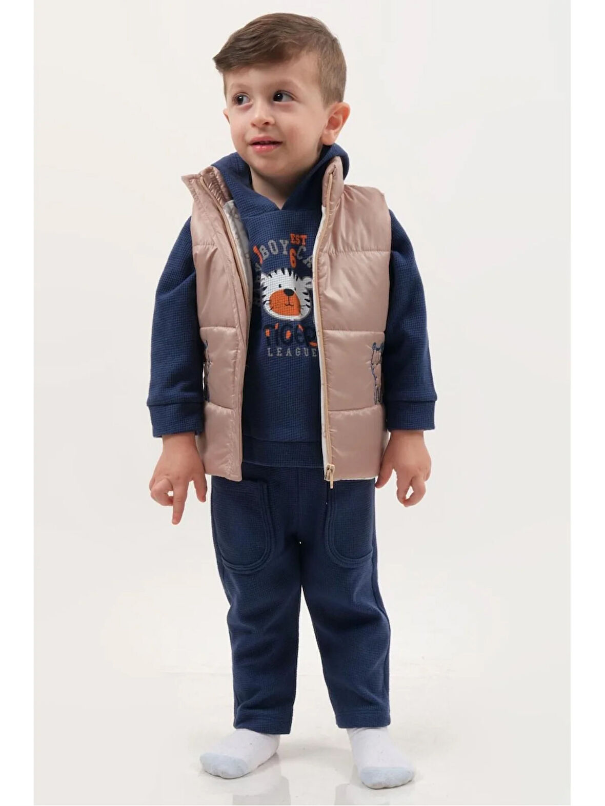 Erkek Bebek Kaplan Desenli Şişme Yelekli 3’lü Pamuk Takım (9-12-18 Ay) - Renkli