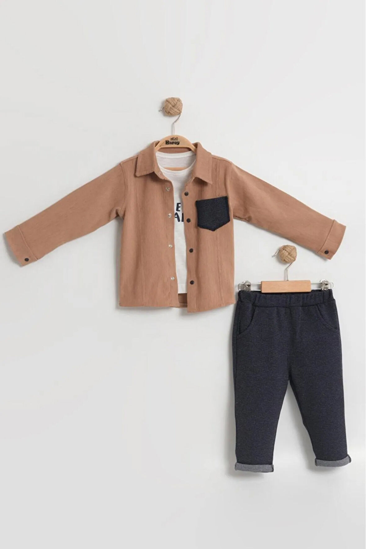 Erkek Bebek Kadife Gömlekli 3'lü Takım (9-12-18 Ay) Renk Seçenekli