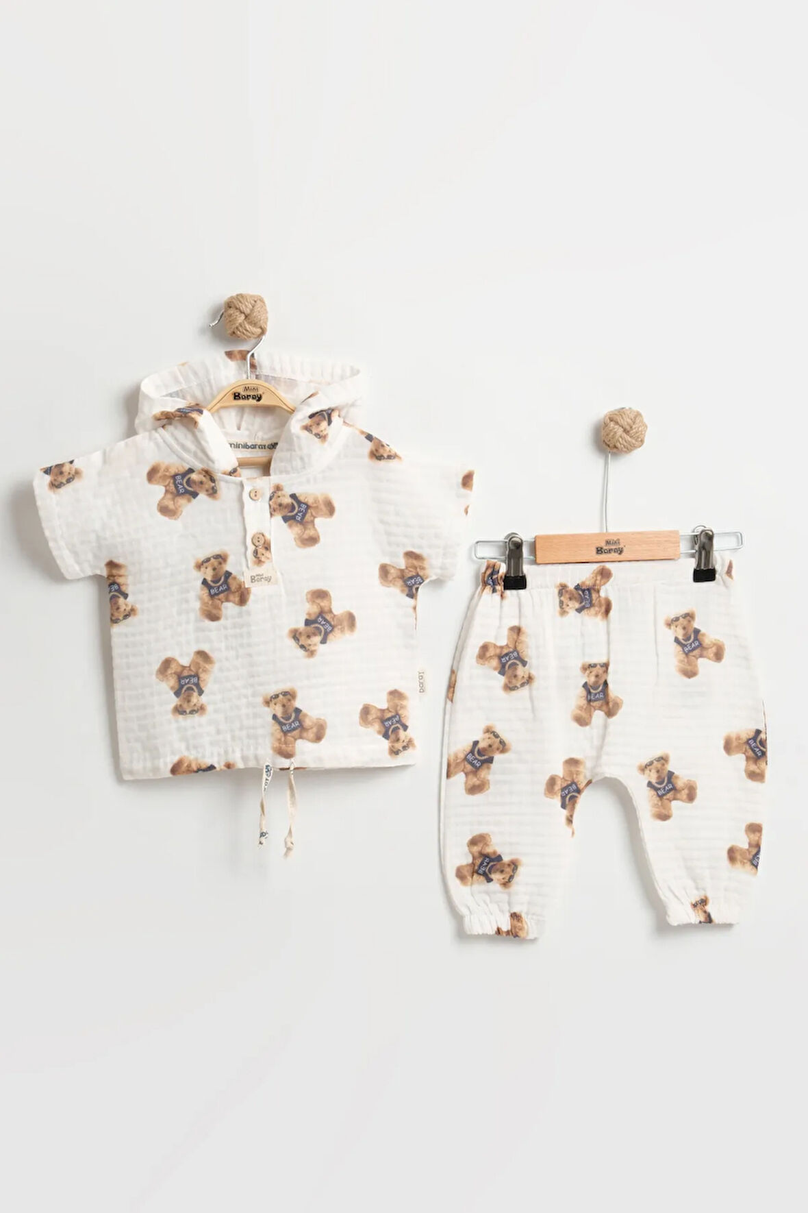 Erkek Bebek Ayıcık Baskılı Kapüşonlu Body Takım (9-12-18 Ay) Organik