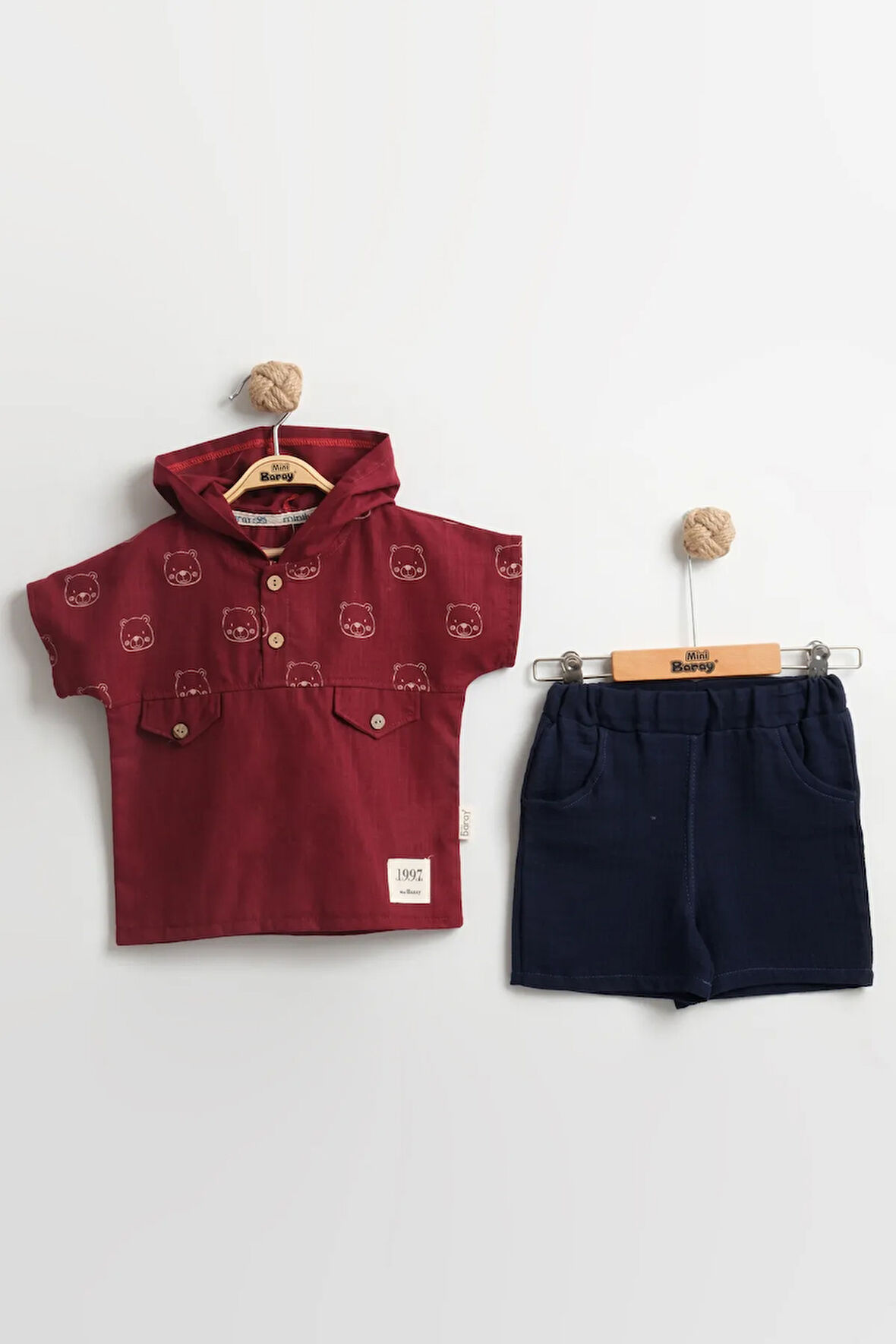 Erkek Bebek Kapüşonlu Şortlu Yazlık Takım (9-12-18 Ay) Keten-Müslin