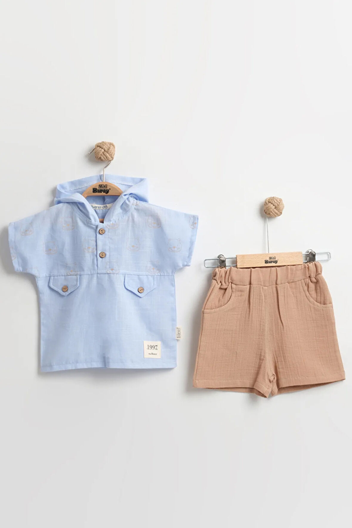 Erkek Bebek Kapüşonlu Şortlu Yazlık Takım (9-12-18 Ay) Keten-Müslin