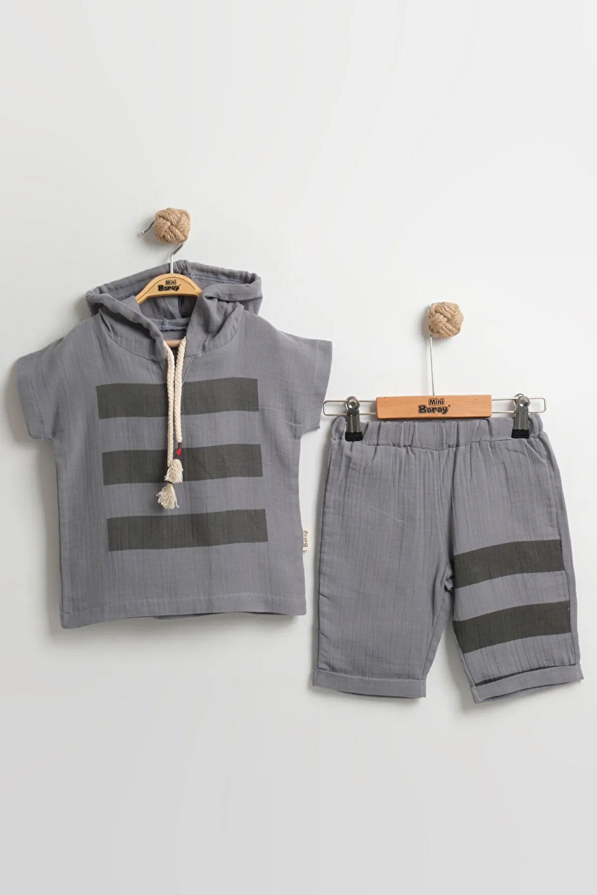 Erkek Çocuk Çizgili Kapüşonlu Müslin Yazlık Takım (2-3-4-5 Yaş) Yumuşak