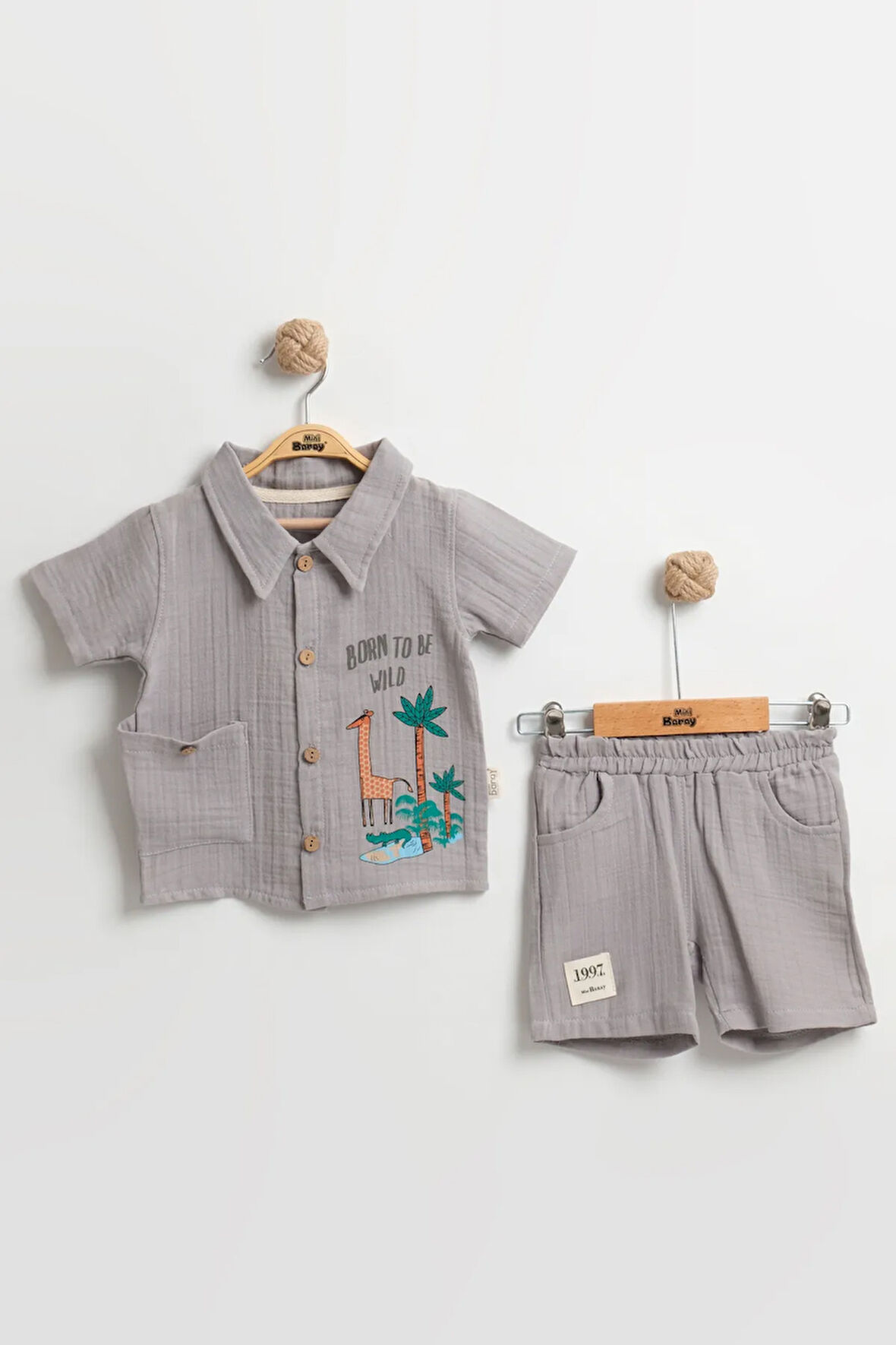 Erkek Bebek Zürafa Baskılı Cepli Yazlık Takım (9-12-18 Ay) Organik Pamuk