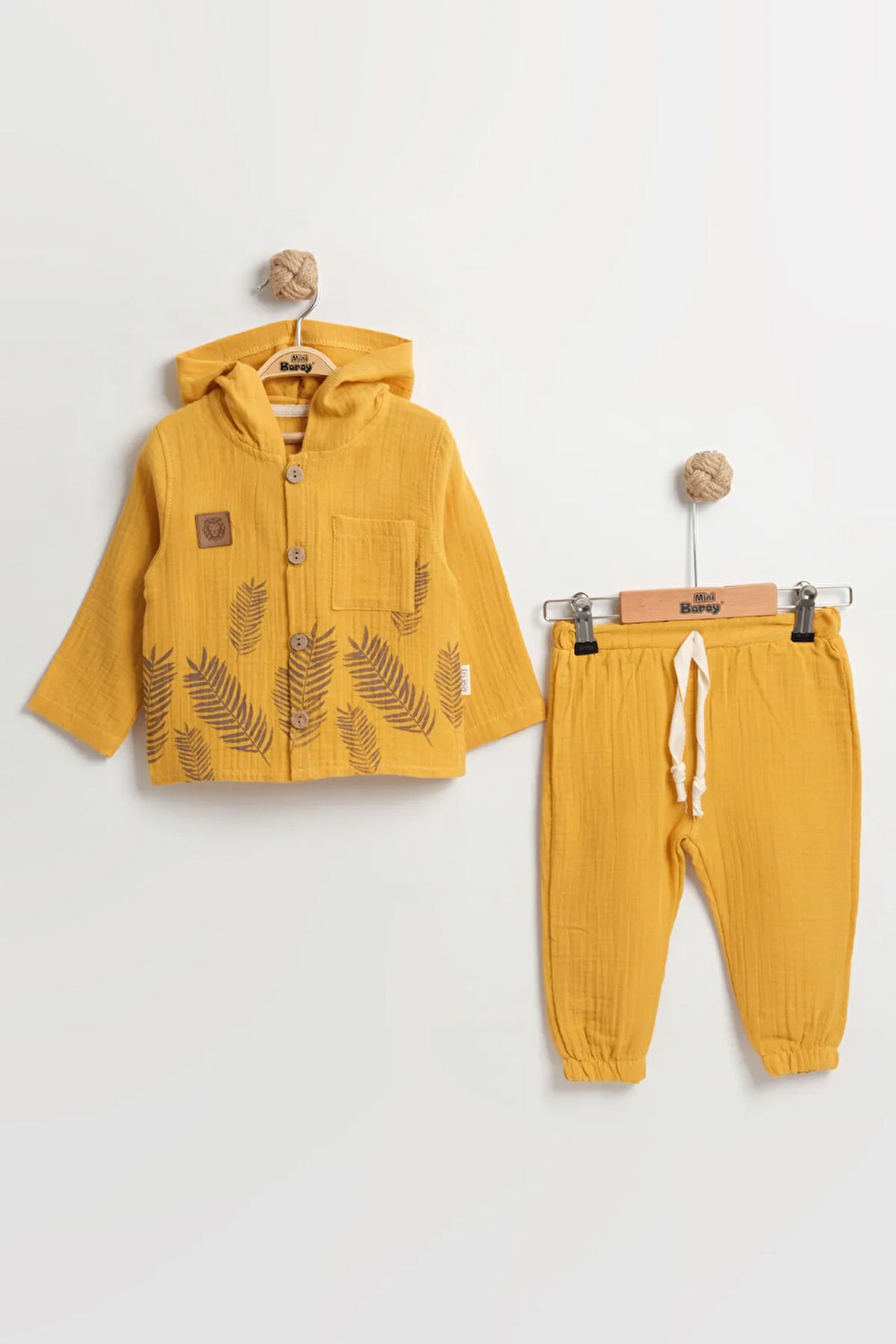Erkek Bebek Yaprak Baskılı Uzun Kollu Gömlek Takımı (9-12-18 Ay) Pamuk