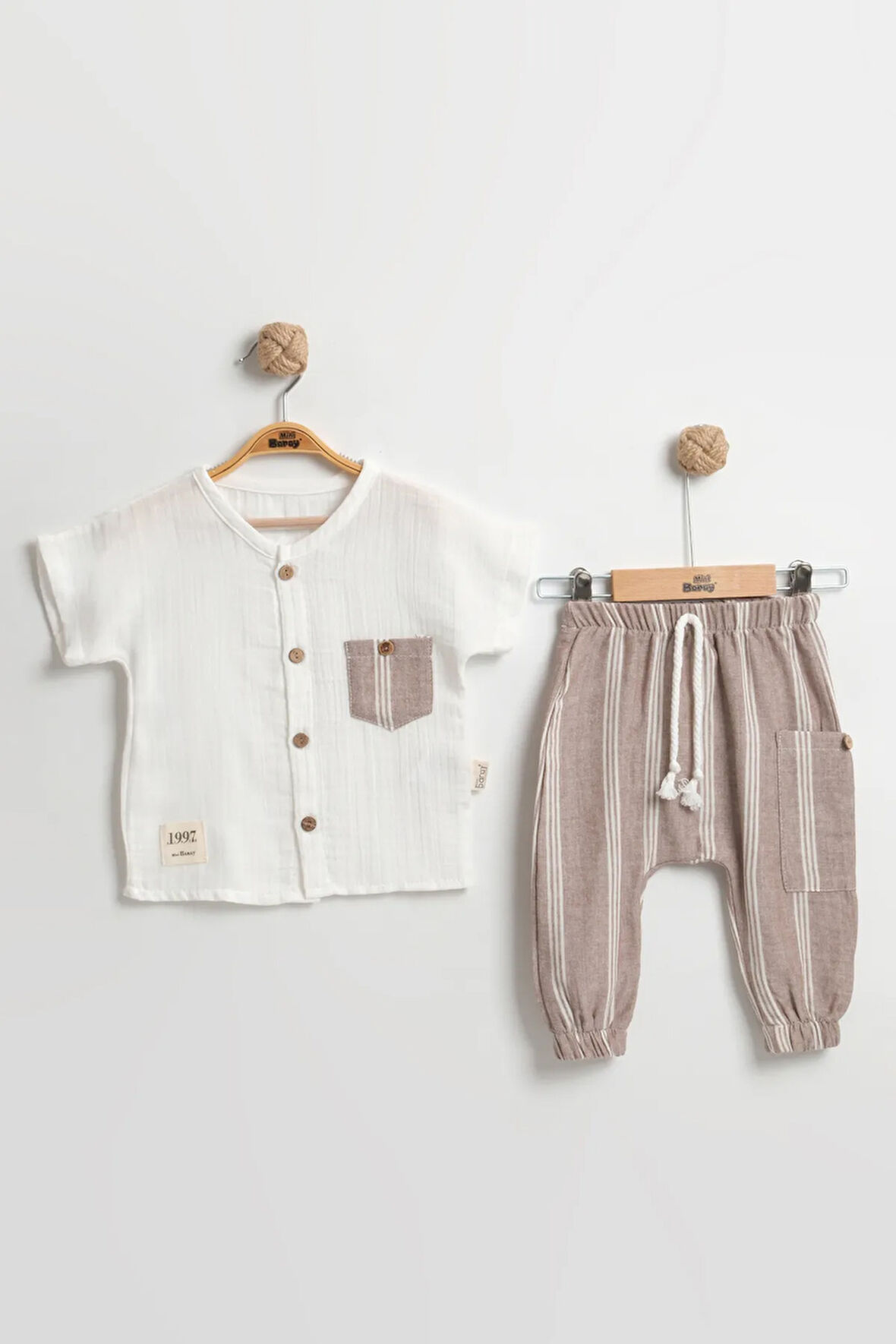 Erkek Bebek Cepli Çizgili Pantolonlu Takım (9-12-18 Ay) Organik