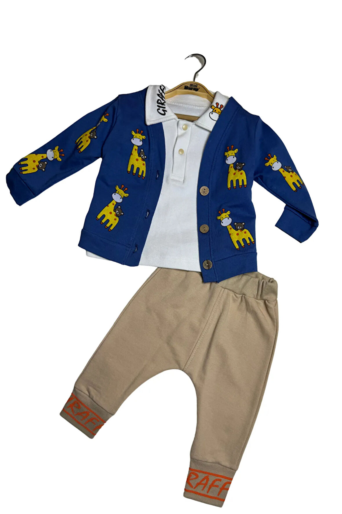 Erkek Bebek Zürafa Baskılı Ceketli 3'lü Takım Seti (9-12-18 Ay)