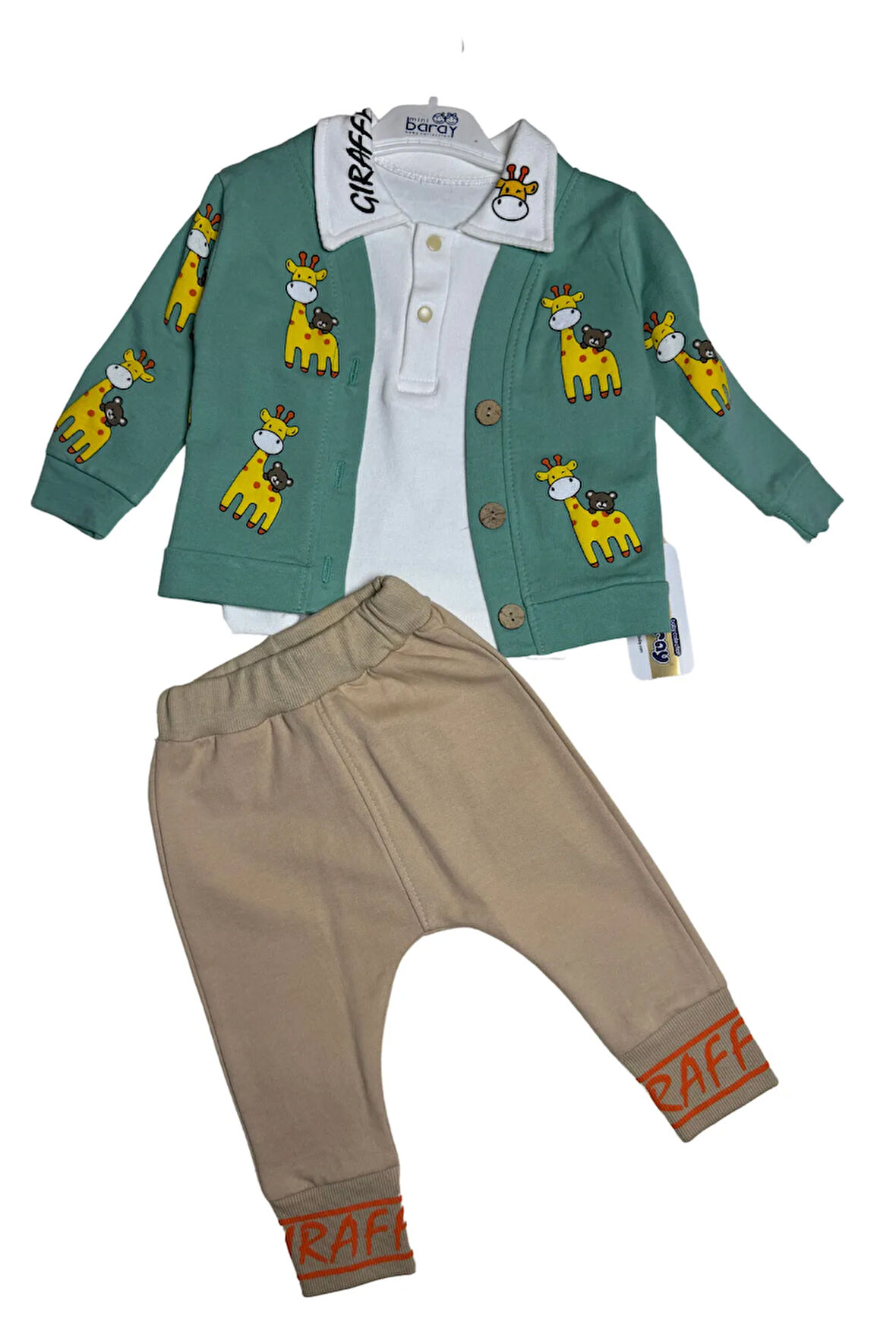 Erkek Bebek Zürafa Baskılı Ceketli 3'lü Takım Seti (9-12-18 Ay)