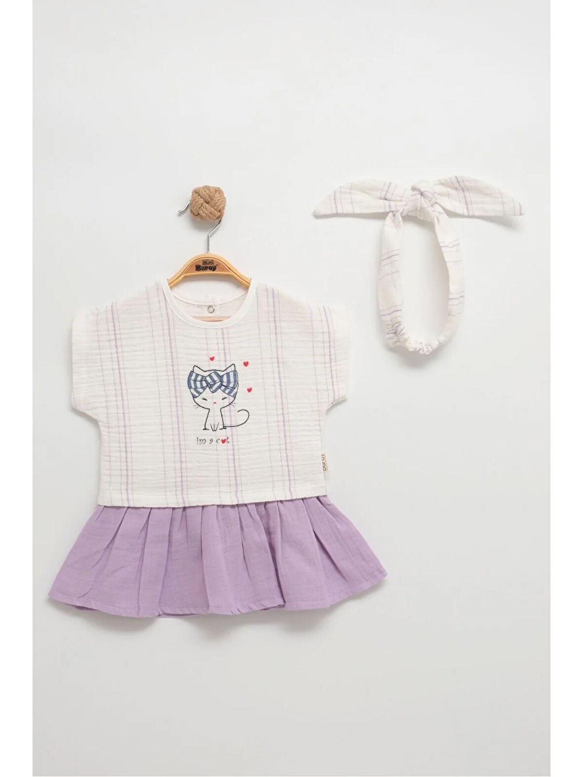 Şık Kedicikli Müslin Bandalı Elbise - 9-12-18 Aylık Kız Bebek Elbise Takımı