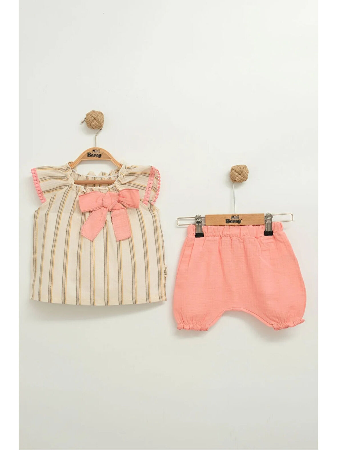 Müslin Fiyonklu Şortlu Çizgili Kız 2 li takım