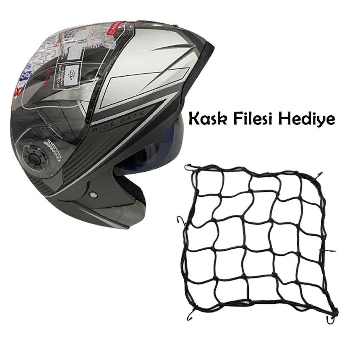 JK20 Çene Açılır Güneş Vizörlü Motosiklet Kaskı Gri Siyah L Beden Baş Çevresi: 59-60CM