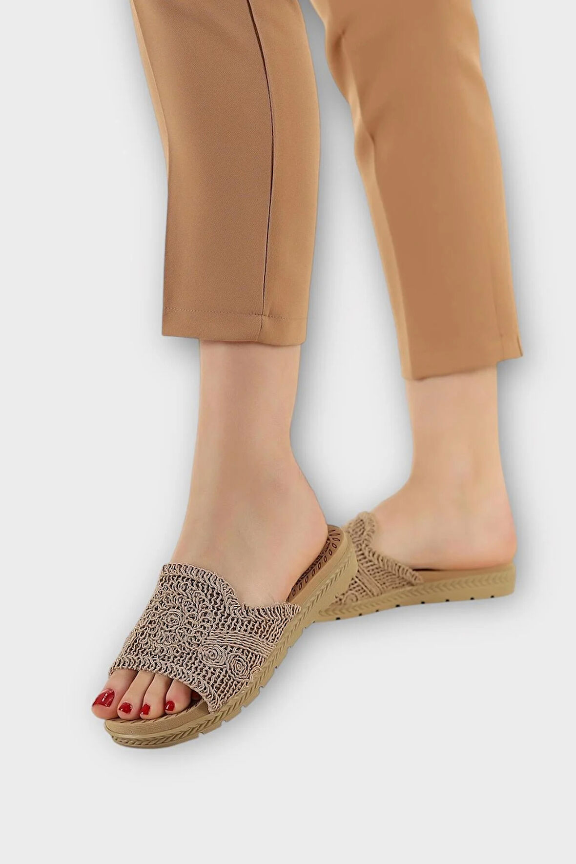 Kadın Örgülü Günlük Rahat Terlik VİZON