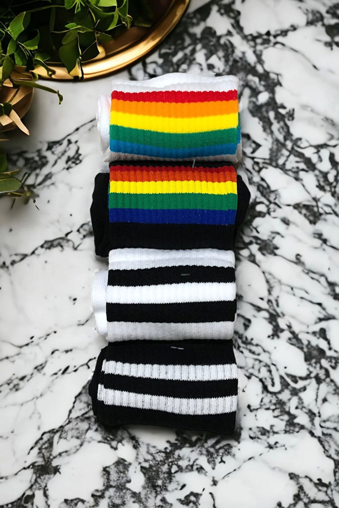 Unisex 4 Çift Çizgili Kolej Çorap