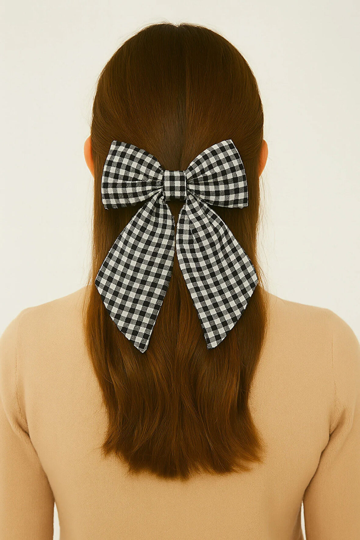 Kadın Müslin Kumaş Ekose Desenli Otomatik Mekanizmalı Fiyonk Toka 12x16 cm Saç Aksesuarı