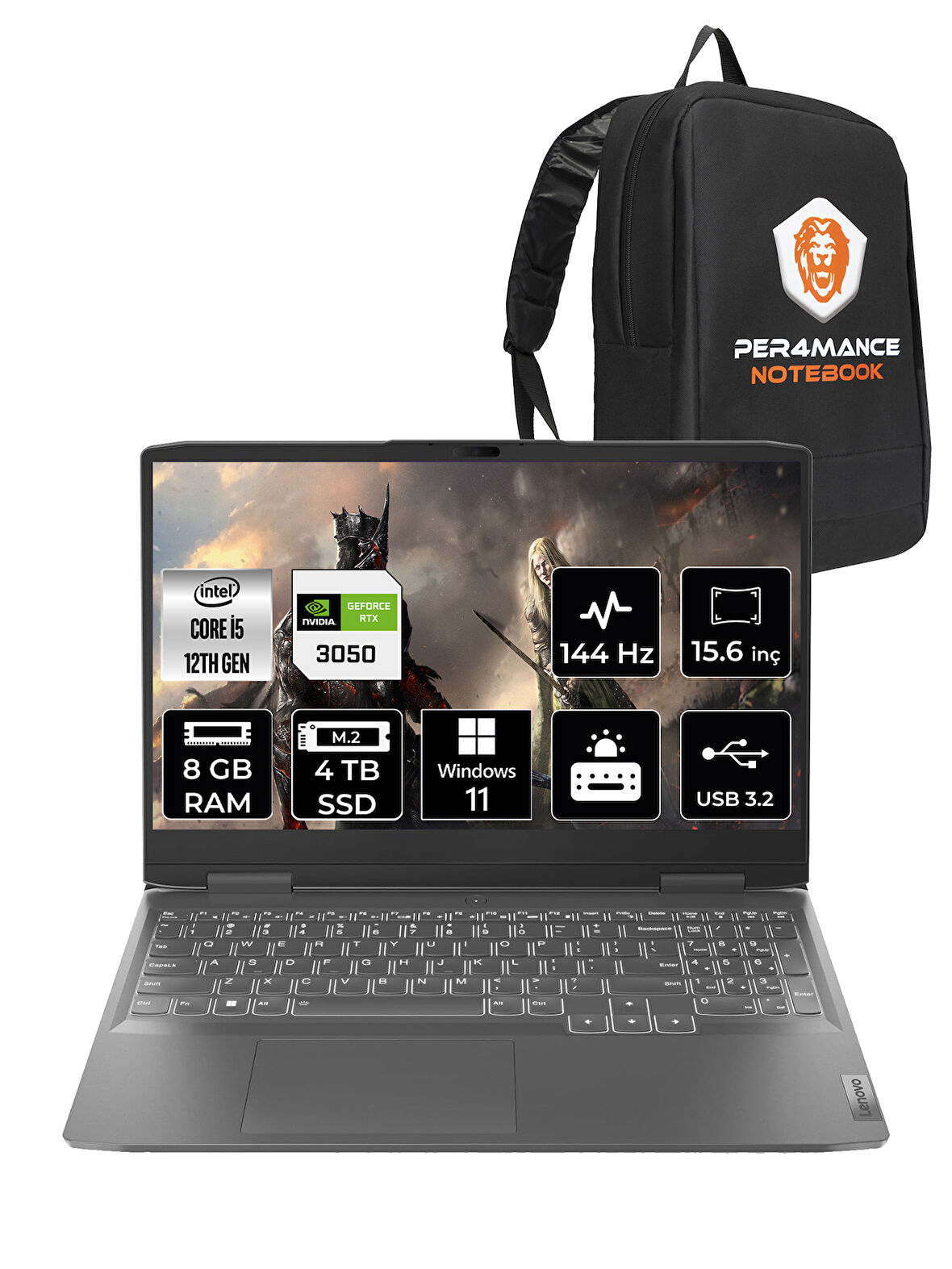 Lenovo LOQ  i5-12450H 8GB 4TB SSD RTX3050/6GB 15.6" FHD 144Hz W11P 82XV00WYTX & PER4 ÇANTA