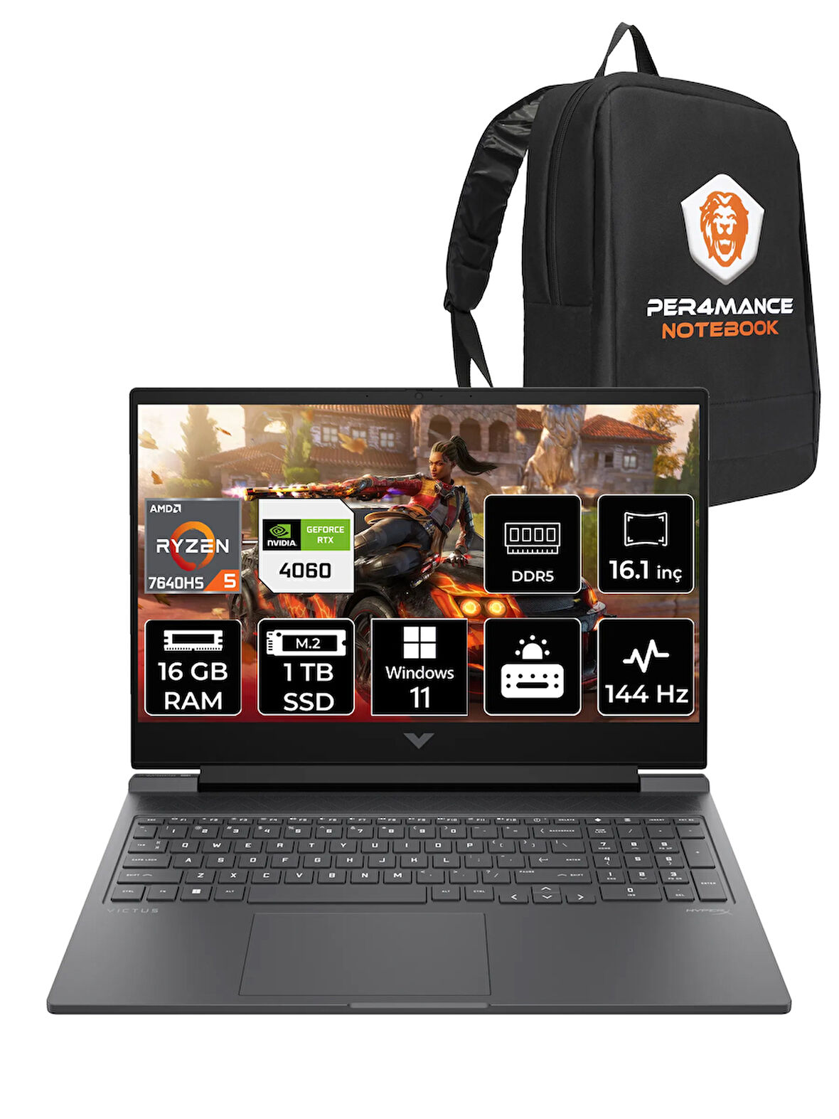 HP Victus 16 R5 7640HS 16GB RAM 1TB SSD RTX4060/8GB 144Hz 16.1'' FHD W11H Gaming Laptop & PER4 ÇANTA