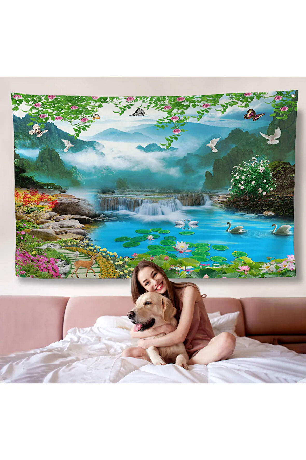 Renkli Çiçekler ve Şelale Manzara Duvar Örtüsü-7197