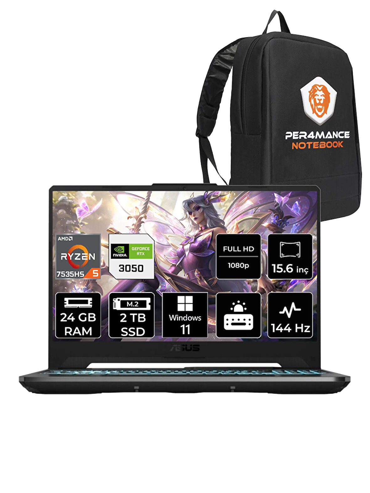 ASUS TUF Gaming A15 R5 7535HS 24GB 2TB SSD RTX3050/4GB 144Hz 15.6" FHD W11P HN006 & PER4 ÇANTA