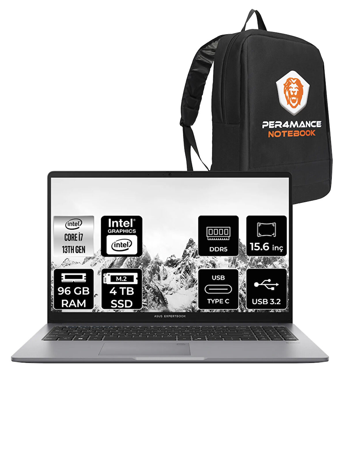 Asus ExpertBook P1 Intel Core i7 13620H 96GB 4TB SSD 15.6" FHD FDOS Taşınabilir Bilgisayar & PER4 Çanta