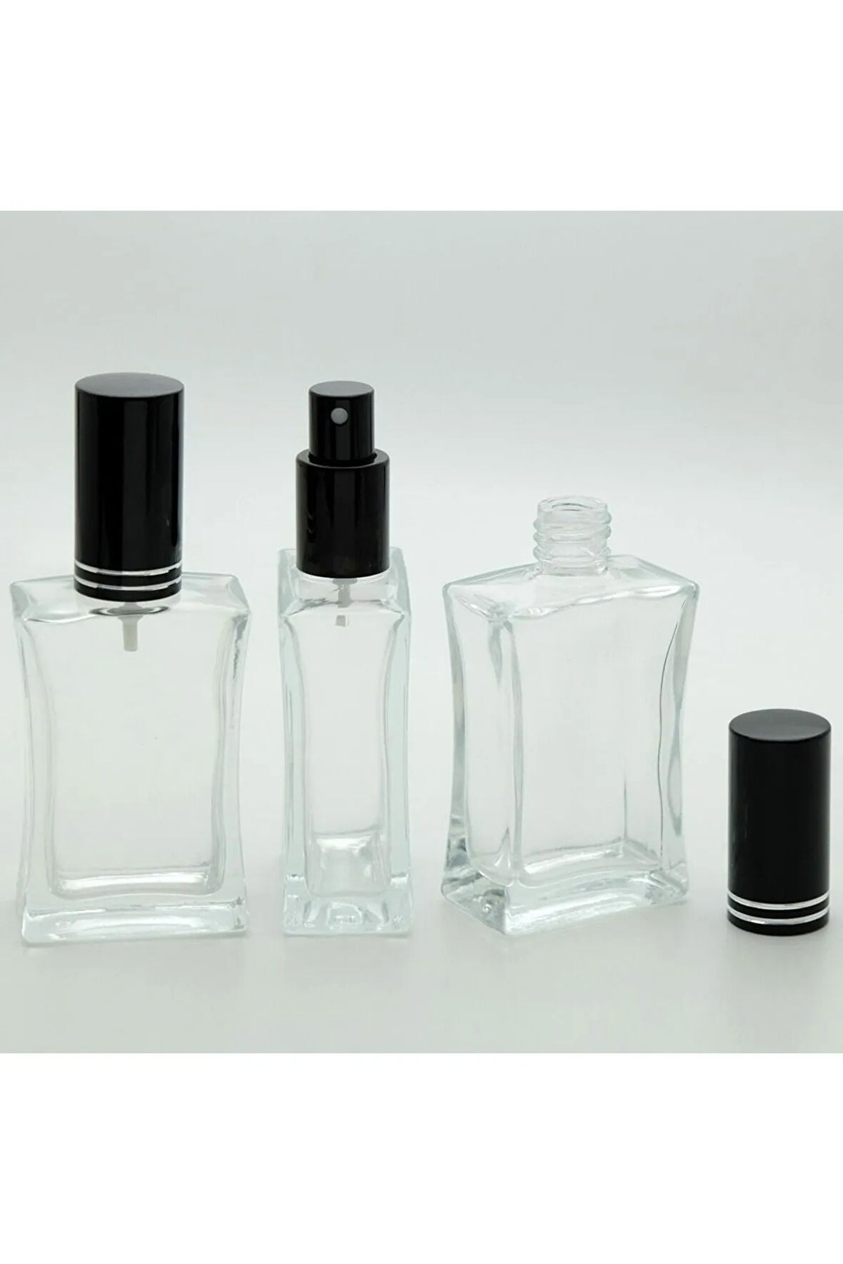 BOŞ PARFÜM ŞİŞESİ 50 ML (2 ADET) İÇBÜKEY SİYAH METAL VALF VE KAPAK