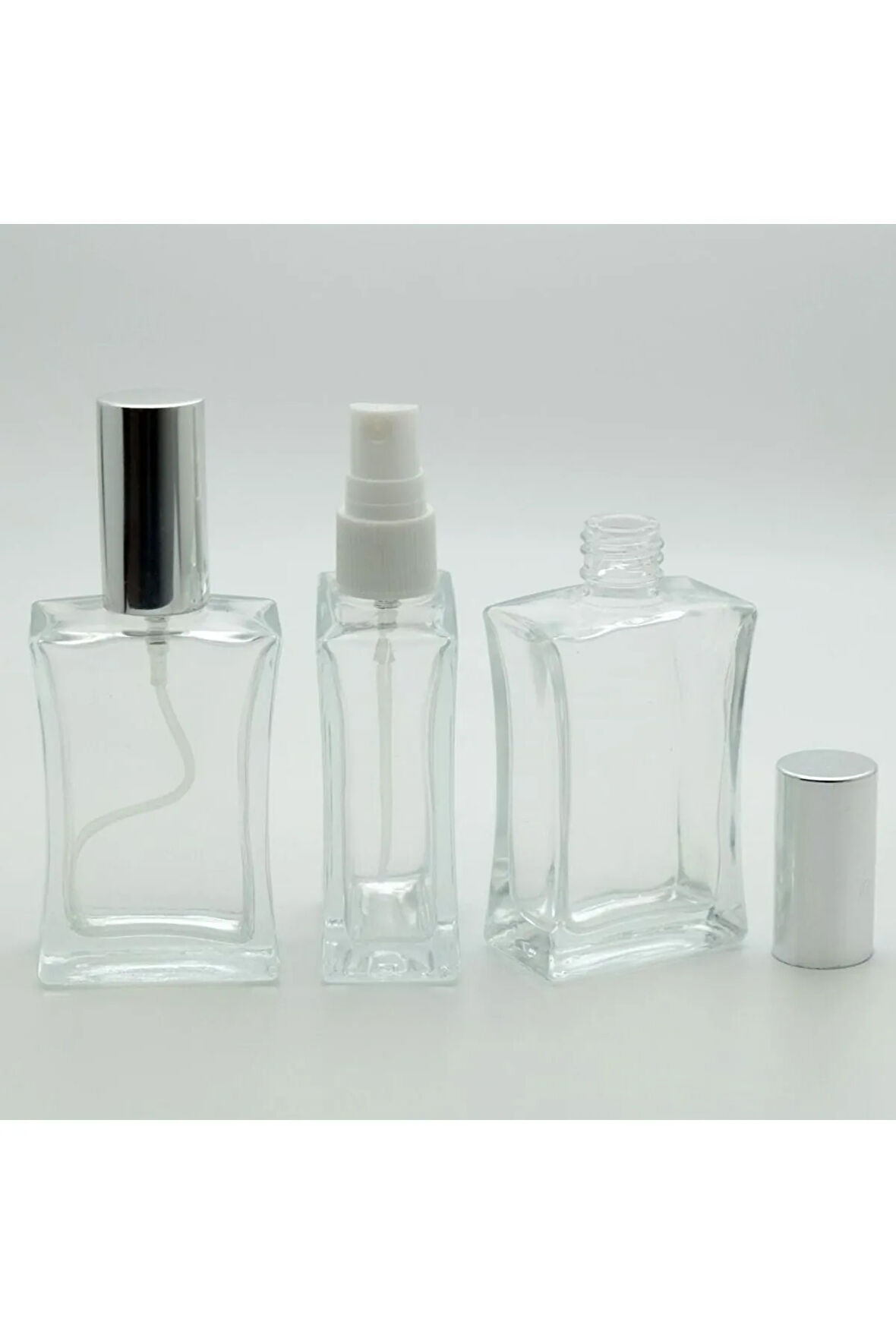 PARFÜM ŞİŞESİ 50 ML (3 ADET) GRİ KAPAK PLASTİK VALF İÇBÜKEY BOŞ ŞİŞE