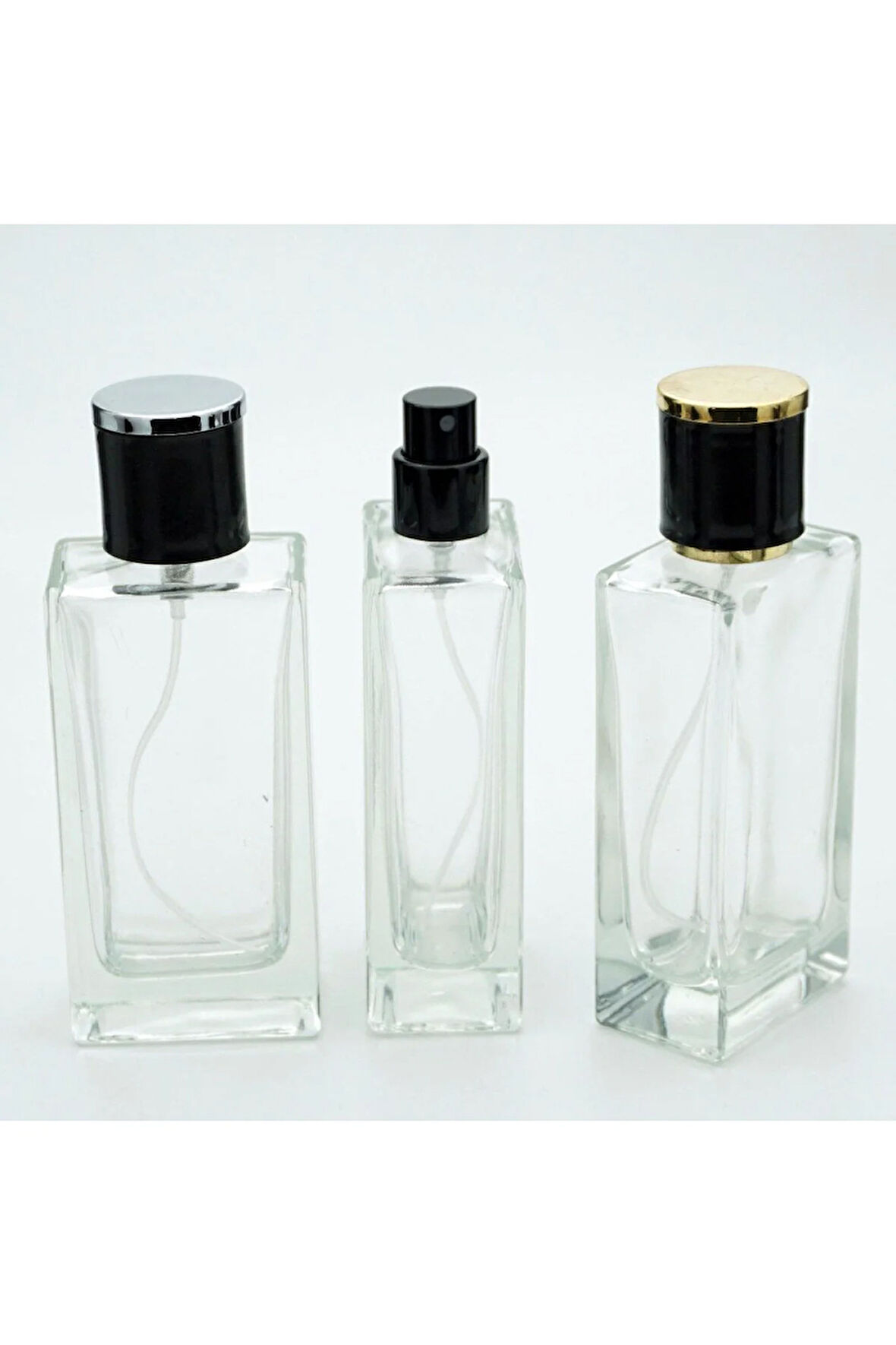 Parfüm Şişesi 50 ml 10 Adet Şeffaf Dikdörtgen (SPREYİ APARAT ILE KAPATILAN-KOLAY KAPAMA) Model