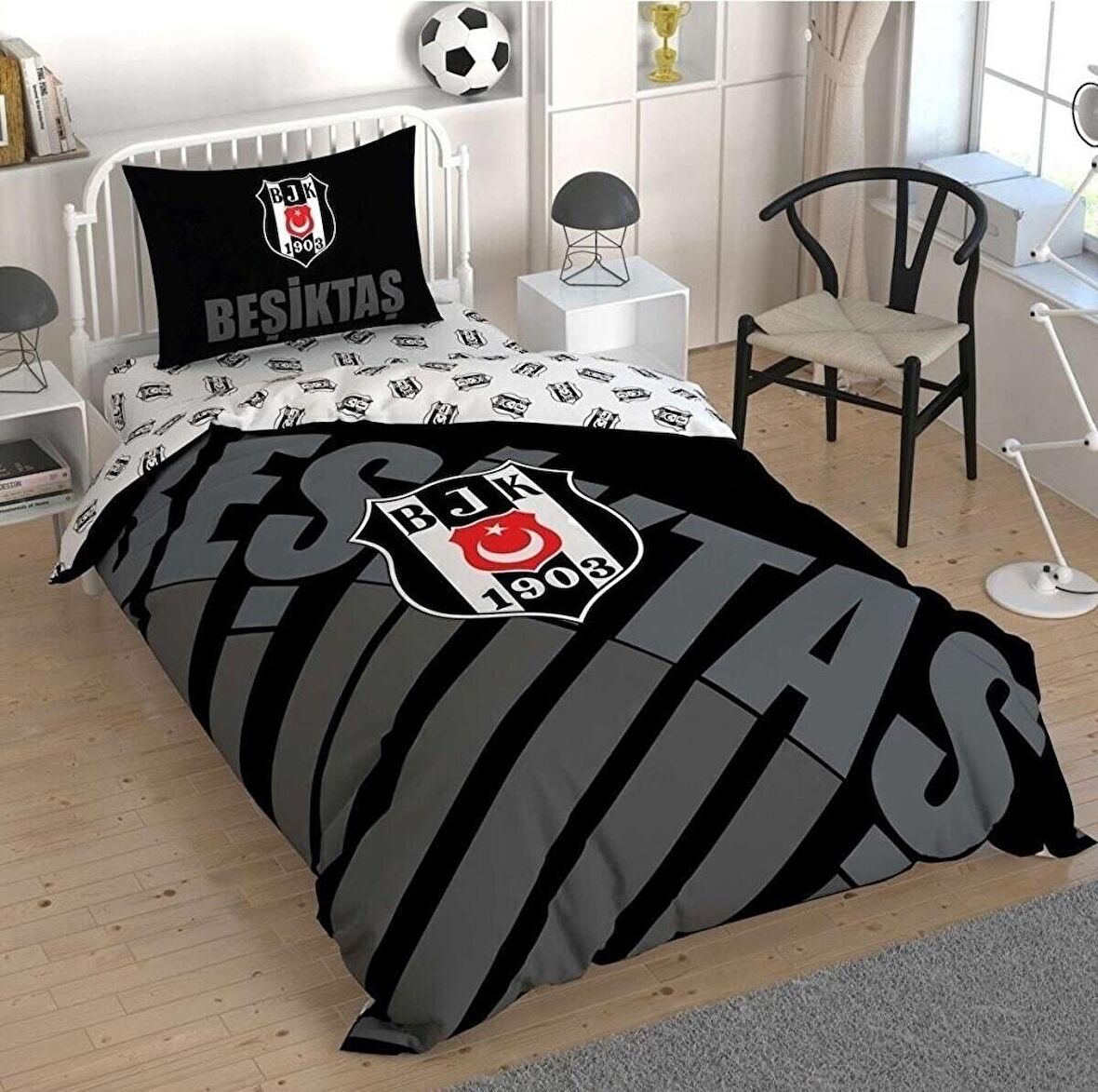 Taç Lisanslı Beşiktaş Siyah Logo Tek Kişilik Nevresim Takımı