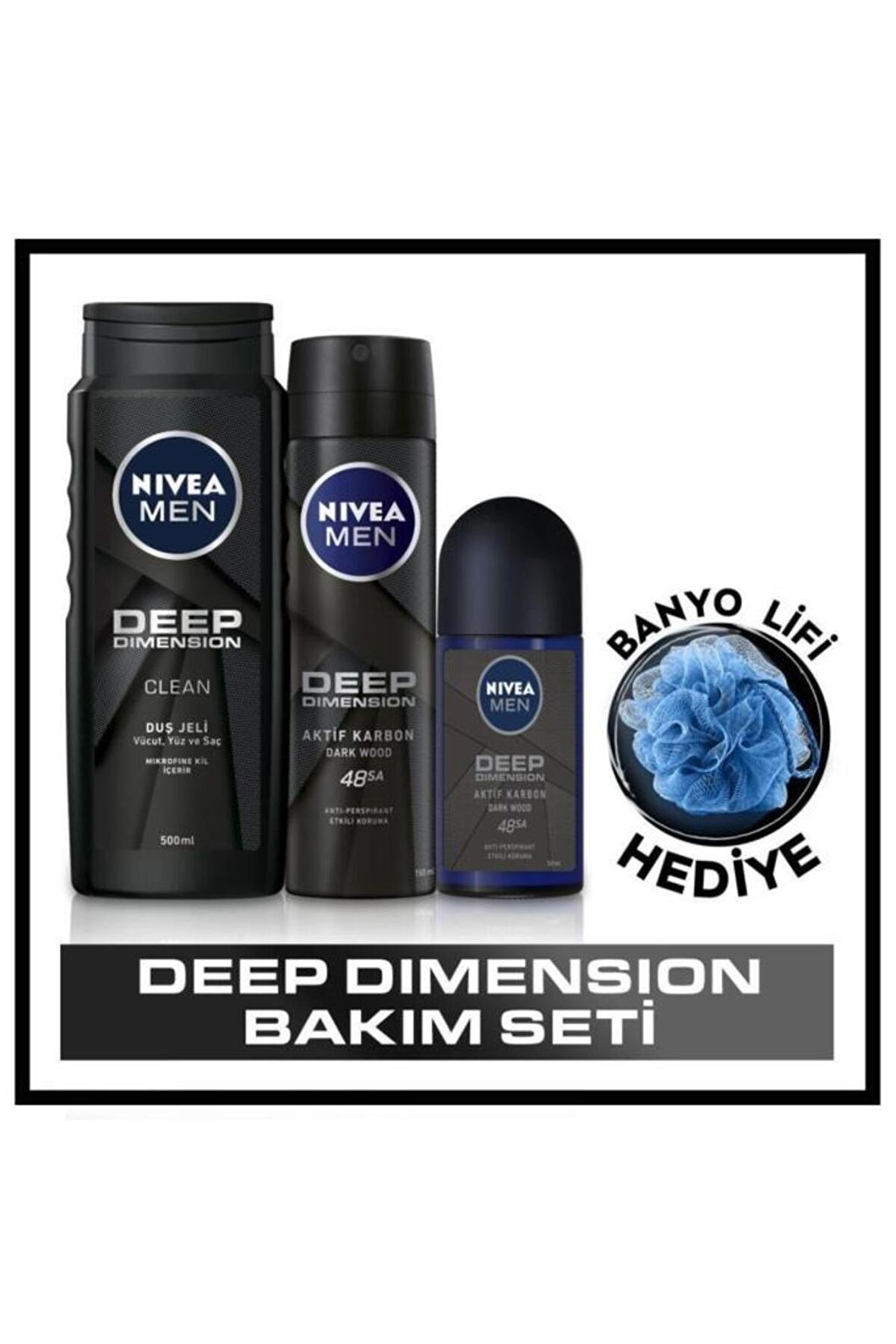 Nivea Men Deep Dimension Duş Jeli 500 ml Sprey Deodorant 150 ml Roll-on Deodorant 50 ml  banyo