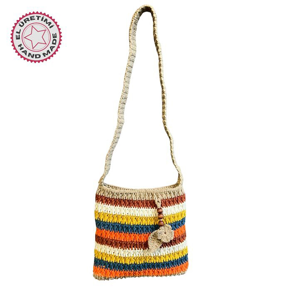 Uretti - Emine 9106 El Örgüsü Ahşap Boncuk Detaylı Renkli Çizgili Model Omuz Çantası