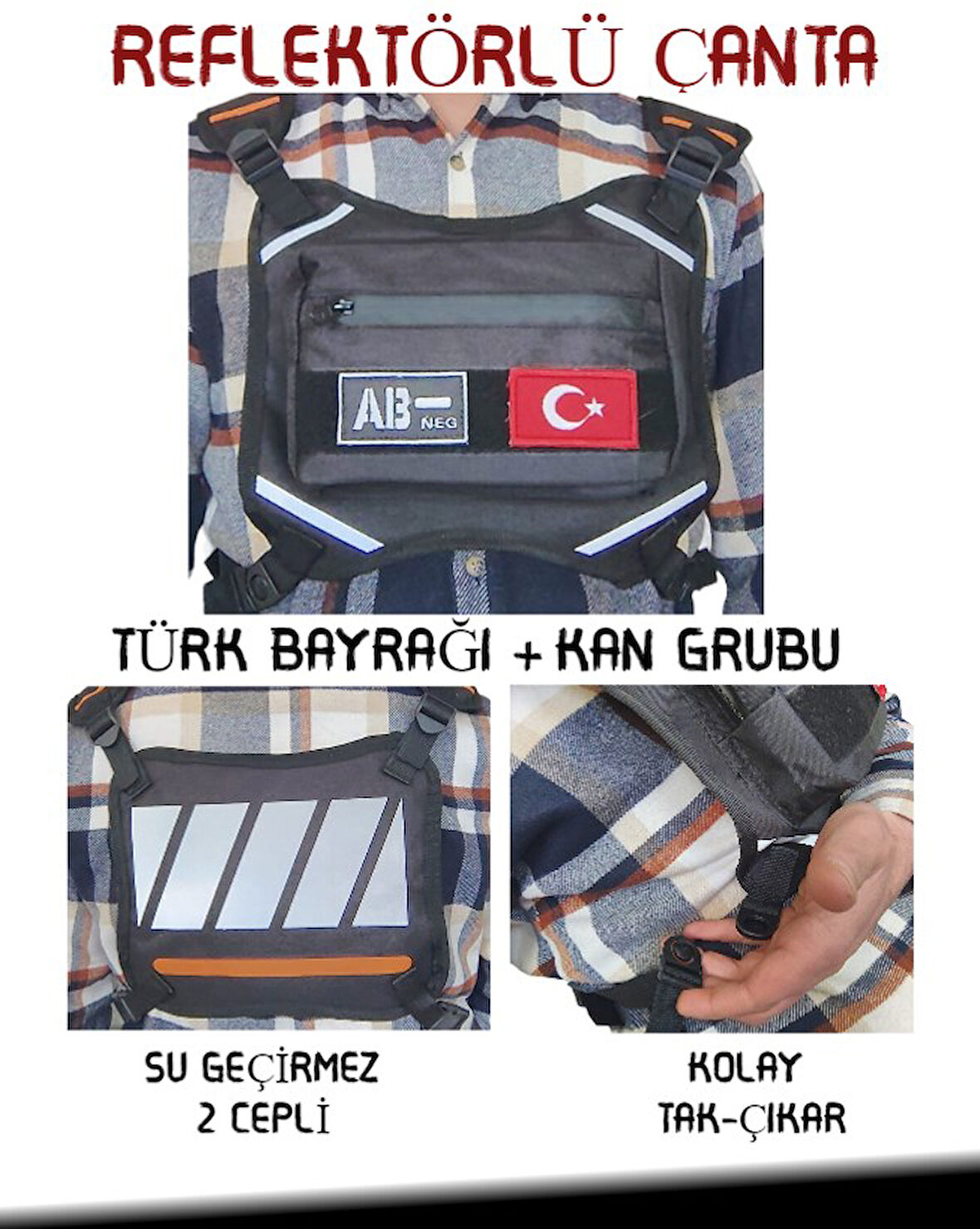 Reflektörlü Gögüs Çantası Kan Grubu AB- Türk Bayrağı Su Geçirmez Gri Turuncu