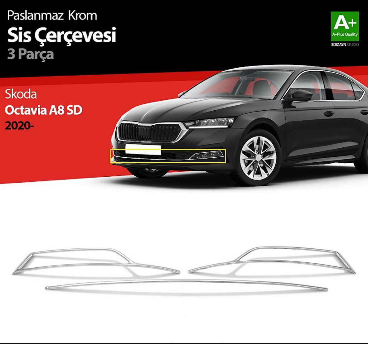 S-Dizayn Skoda Octavia A8 Krom Sis Çerçevesi 3 Prç. 2020 Üzeri