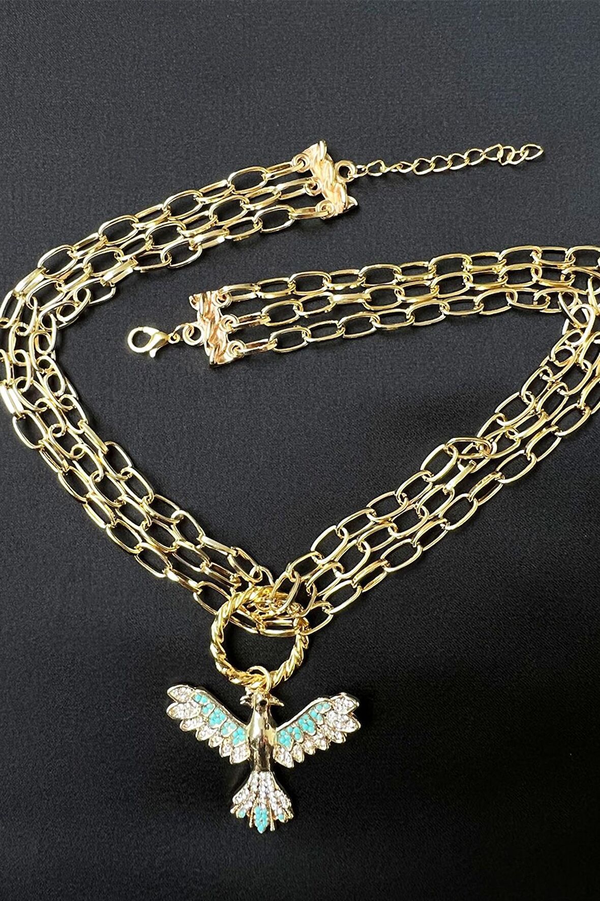 Turkuaz Anka Kuşu Üç Sıra Zincir Kolye