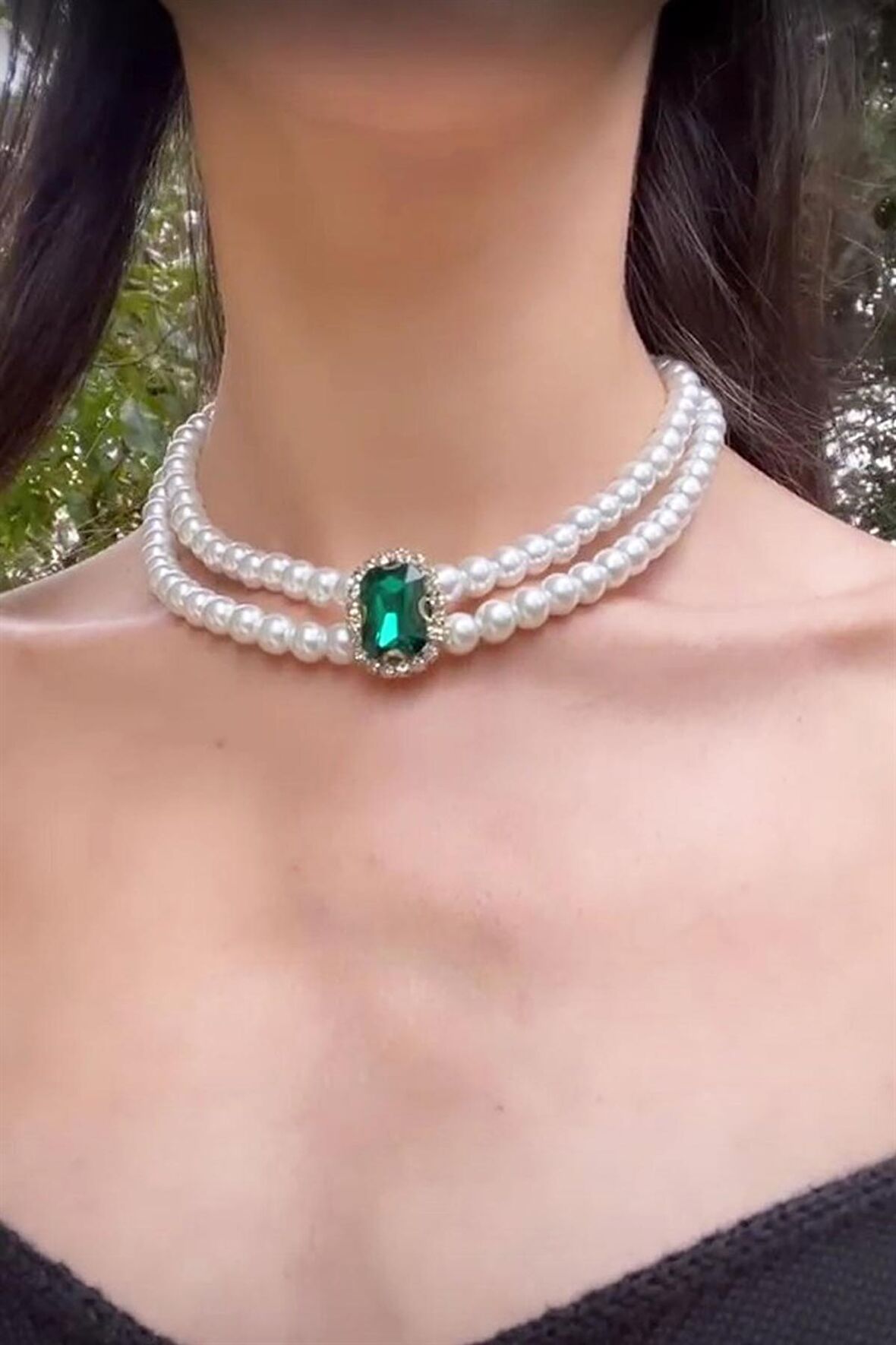 Haki Kristal Uçlu İnci Choker Kolye