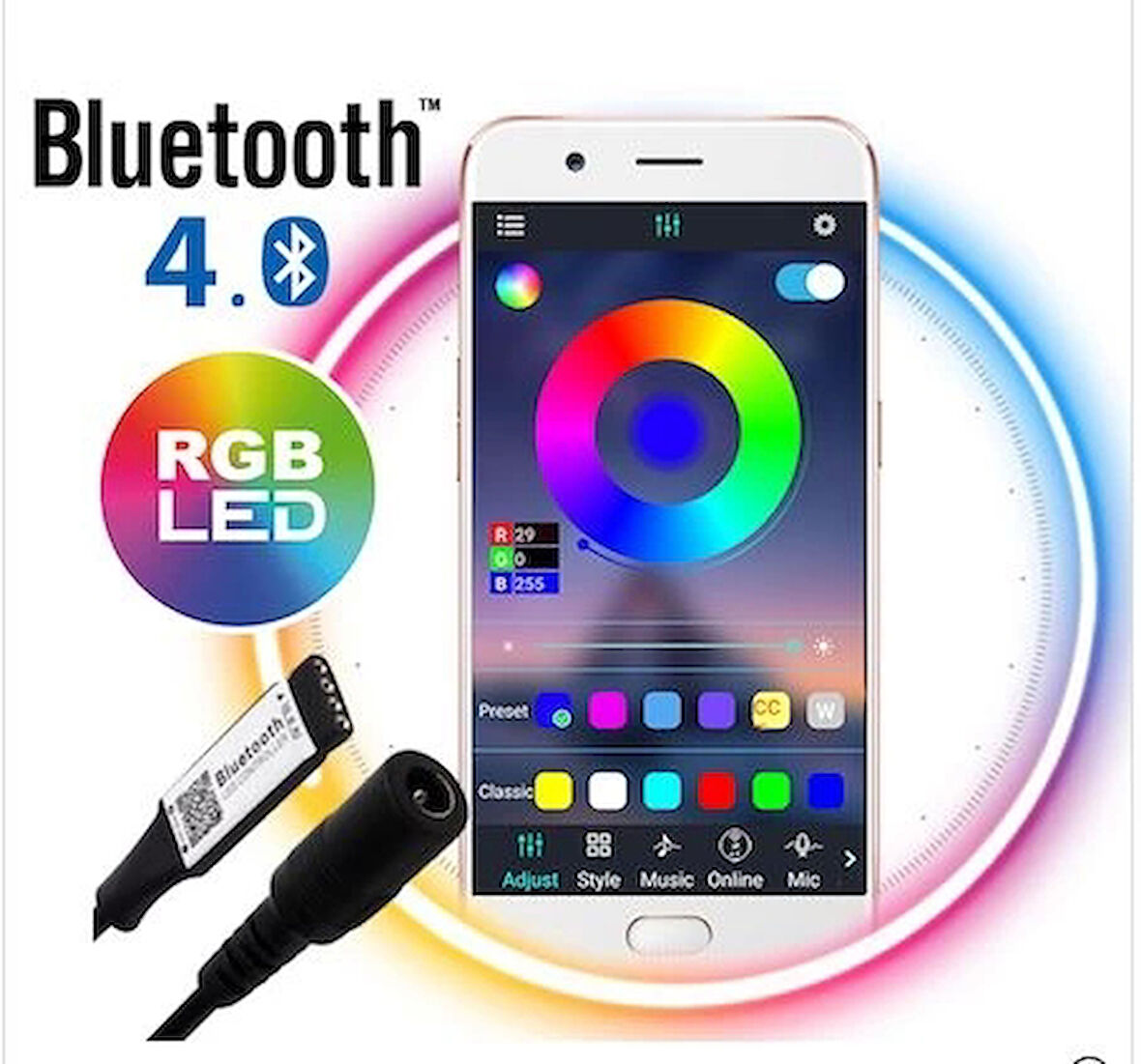 12V 10 Metre Silikonsuz RGB Şerit Led Bluetoothlu Led Kontrol 5A Adaptörlü IP20 Set