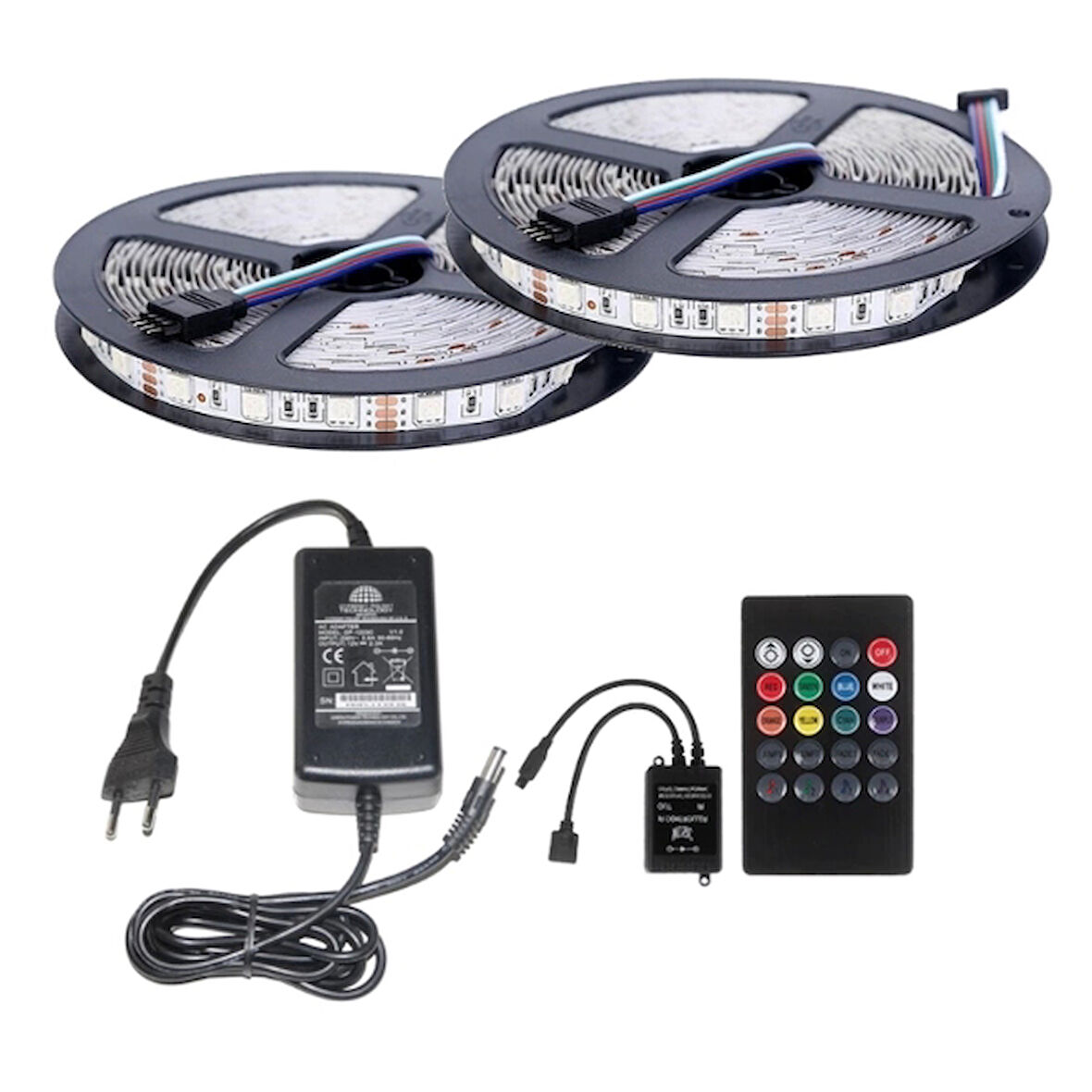 12V 10 Metre Silikonsuz RGB Şerit Led Sese ve Müziğe Duyarlı IR Kumanda 5A Adaptörlü IP20 Set