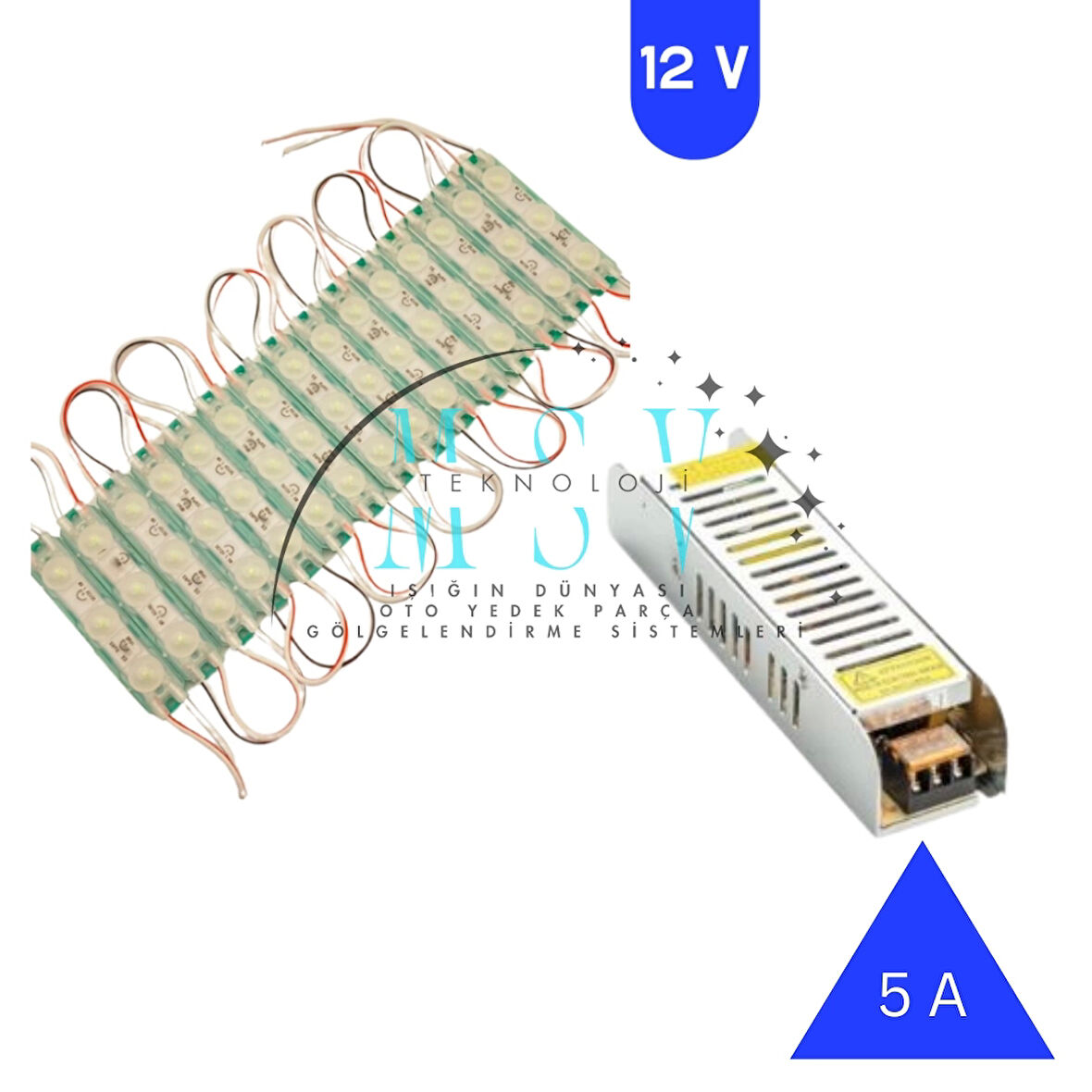 12 Volt 1.5 Watt 3 Lensli 10 Adet Yeşil Işık Modül ve 5 Amper Slim Trafolu Set