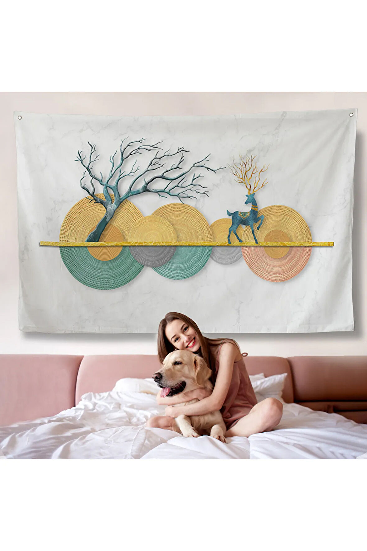 Modern Geometrik Dairelerden ve Geyikler Duvar Örtüsü-7224