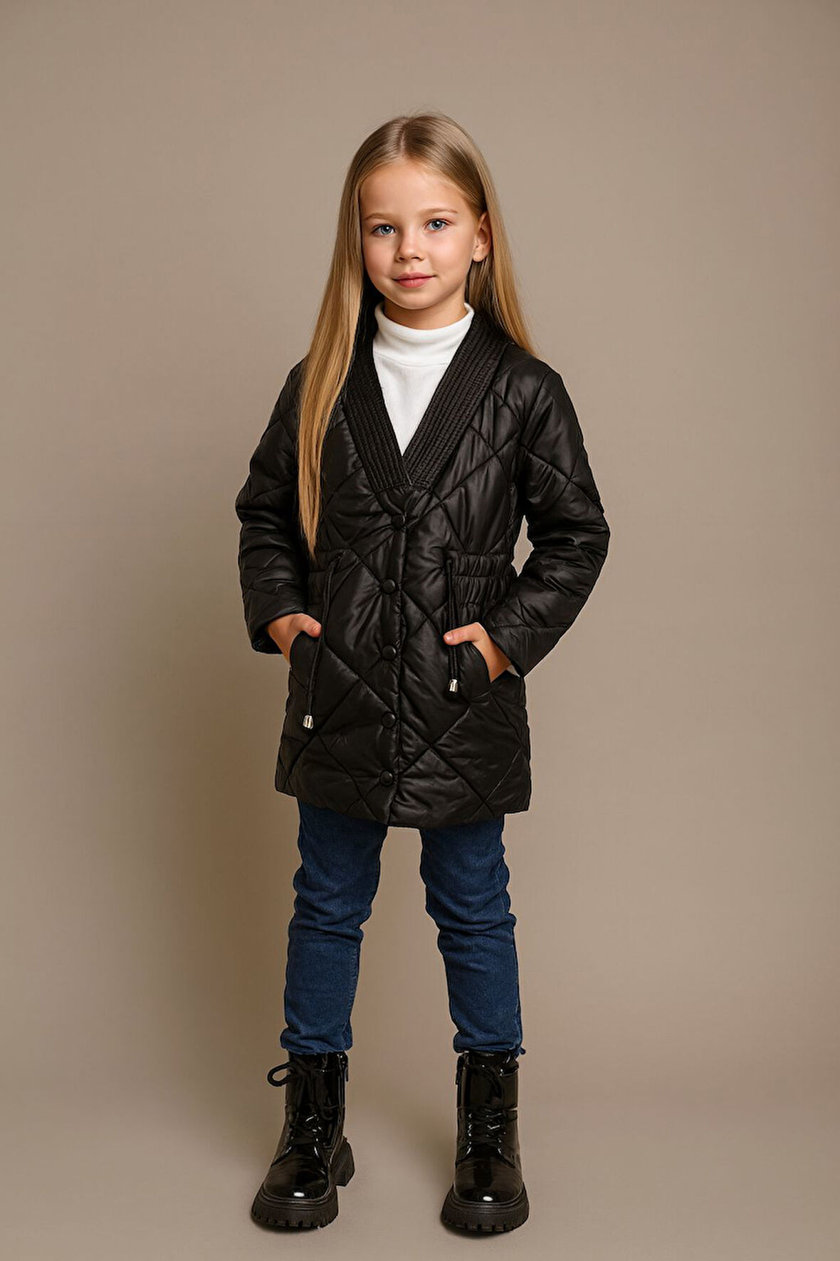 Jesika Kumaş Elyaflı Mont, Yarım Balıkçı Uzun Kol ve Denim Pantolon 3’lü Kombin