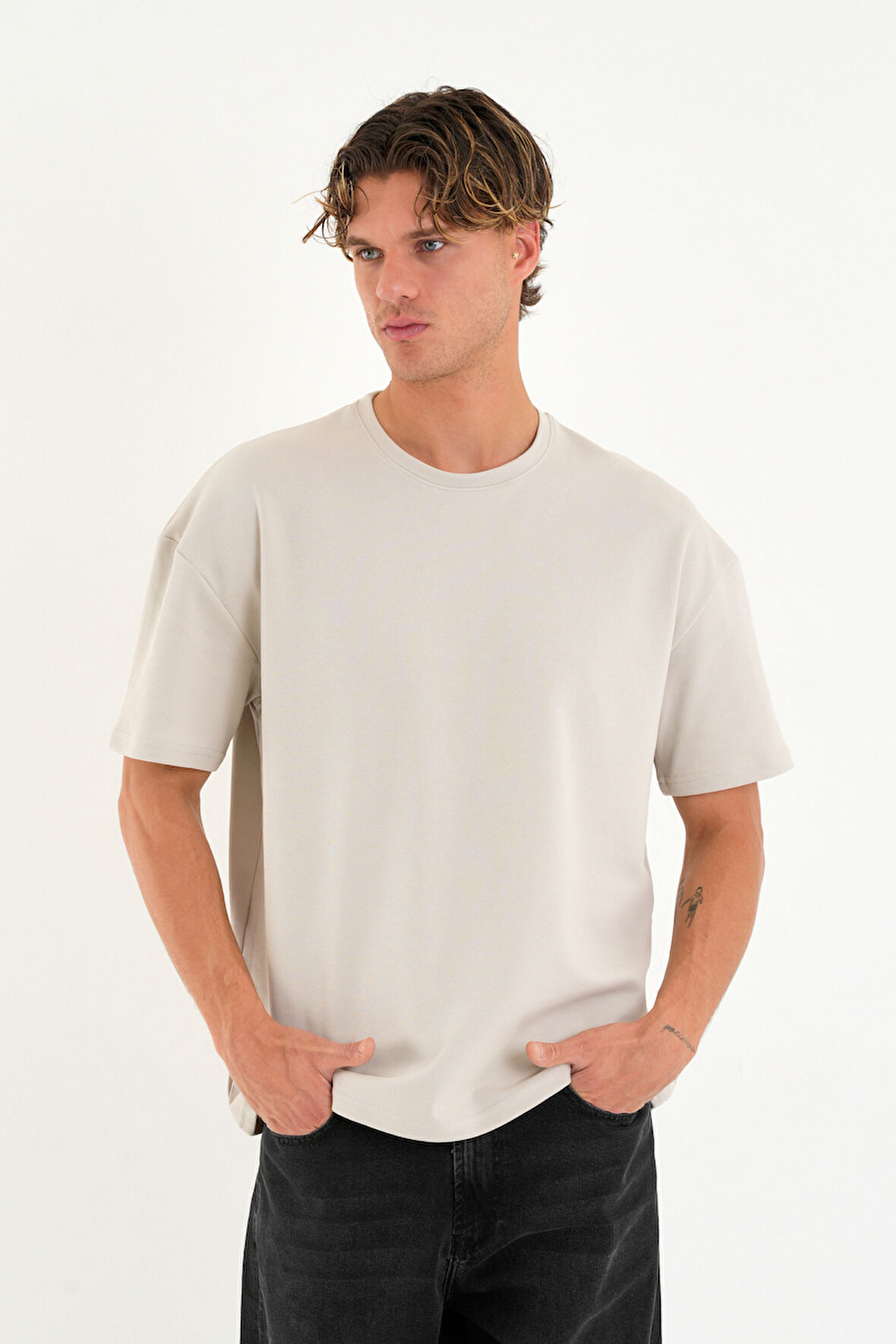 Blank Unisex Oversize Geniş Kesim Tişört %100 Pamuk Kalın Dokulu Bisiklet Yaka T-shirt