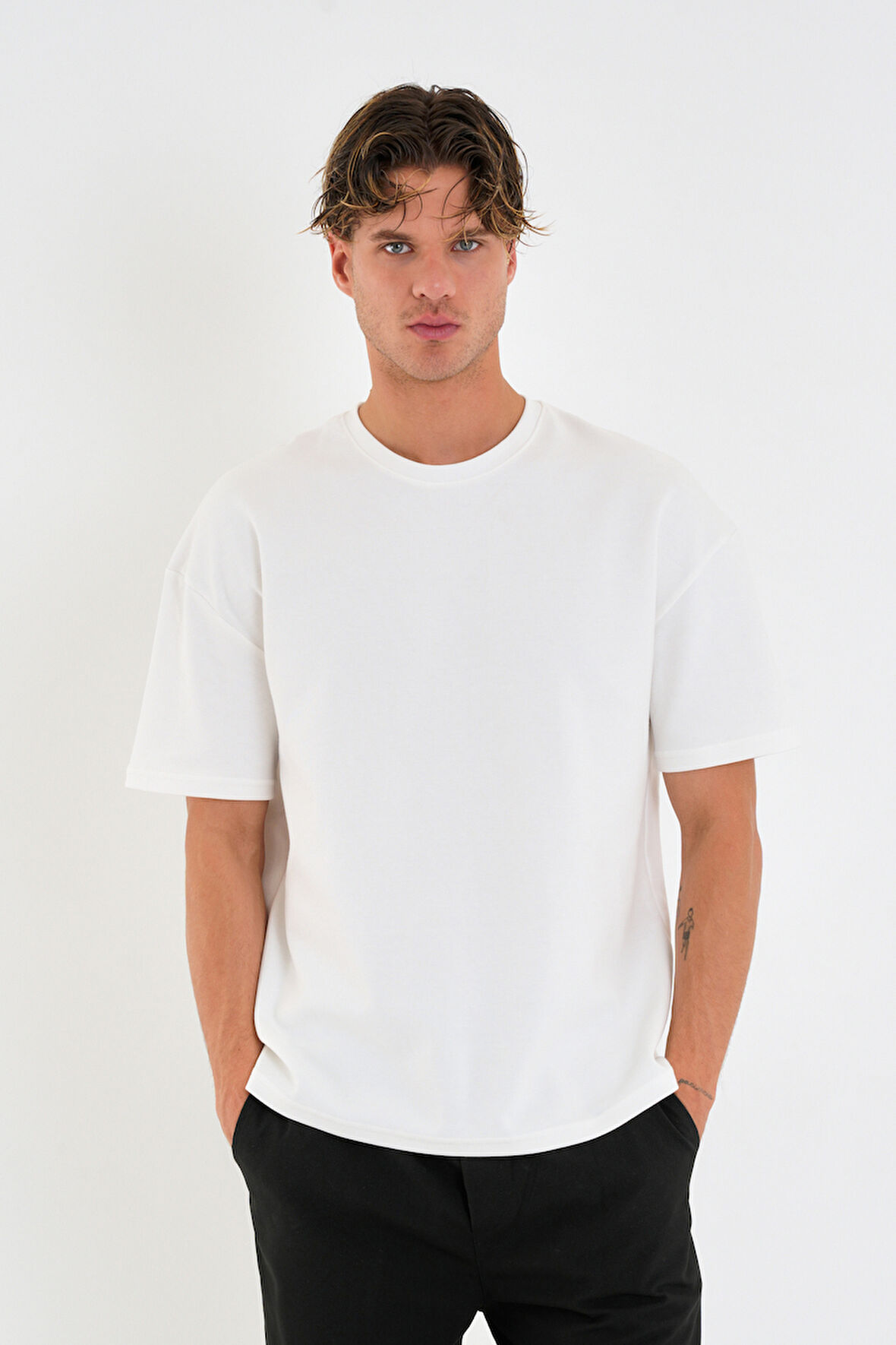 Blank Unisex Oversize Geniş Kesim Tişört %100 Pamuk Kalın Dokulu Bisiklet Yaka T-shirt