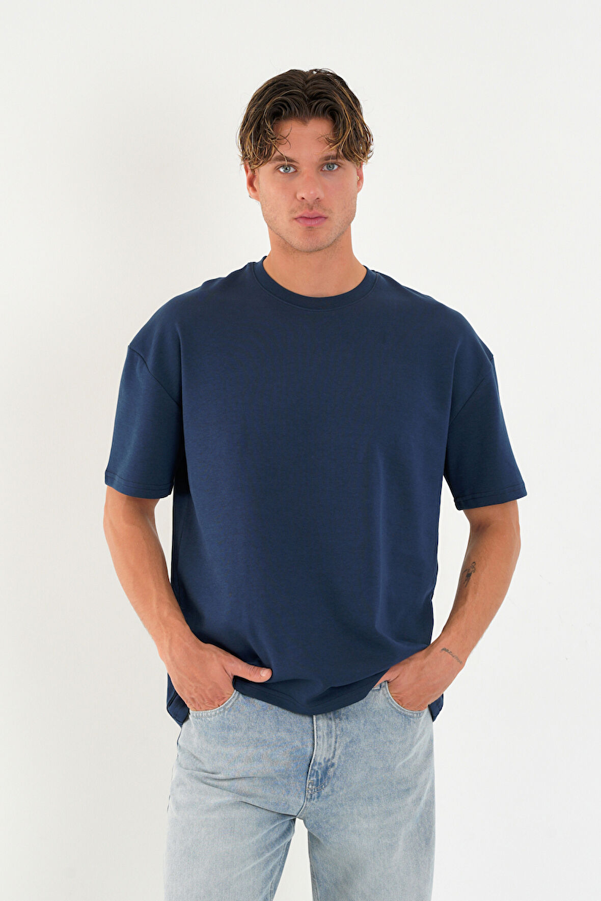 Blank Unisex Oversize Geniş Kesim Tişört %100 Pamuk Kalın Dokulu Bisiklet Yaka T-shirt