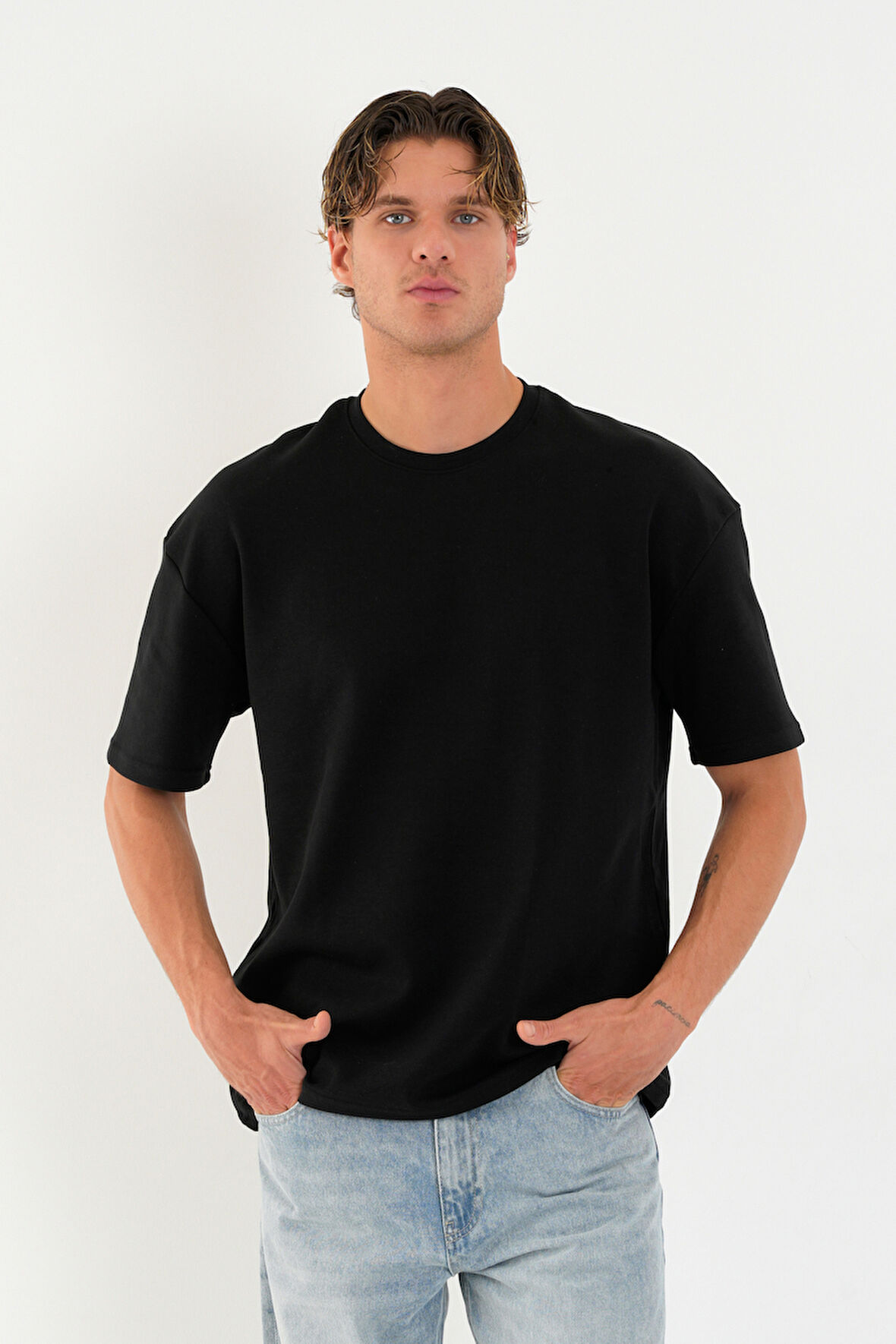 Blank Unisex Oversize Geniş Kesim Tişört %100 Pamuk Kalın Dokulu Bisiklet Yaka T-shirt