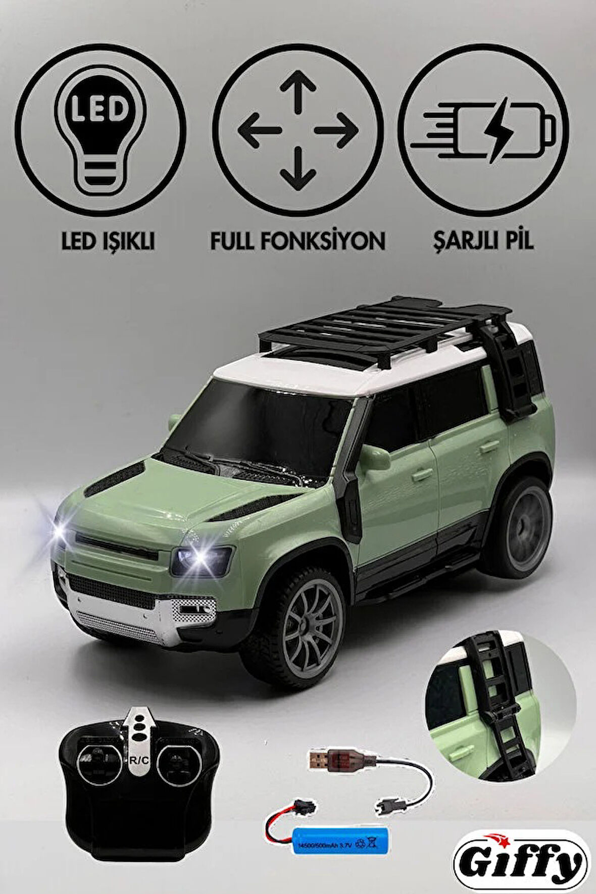 Oyuncak Full Fonksiyon Uzaktan Kumandalı Şarjlı Led Işıklı Defender Model Araba Drift Atan Off Road