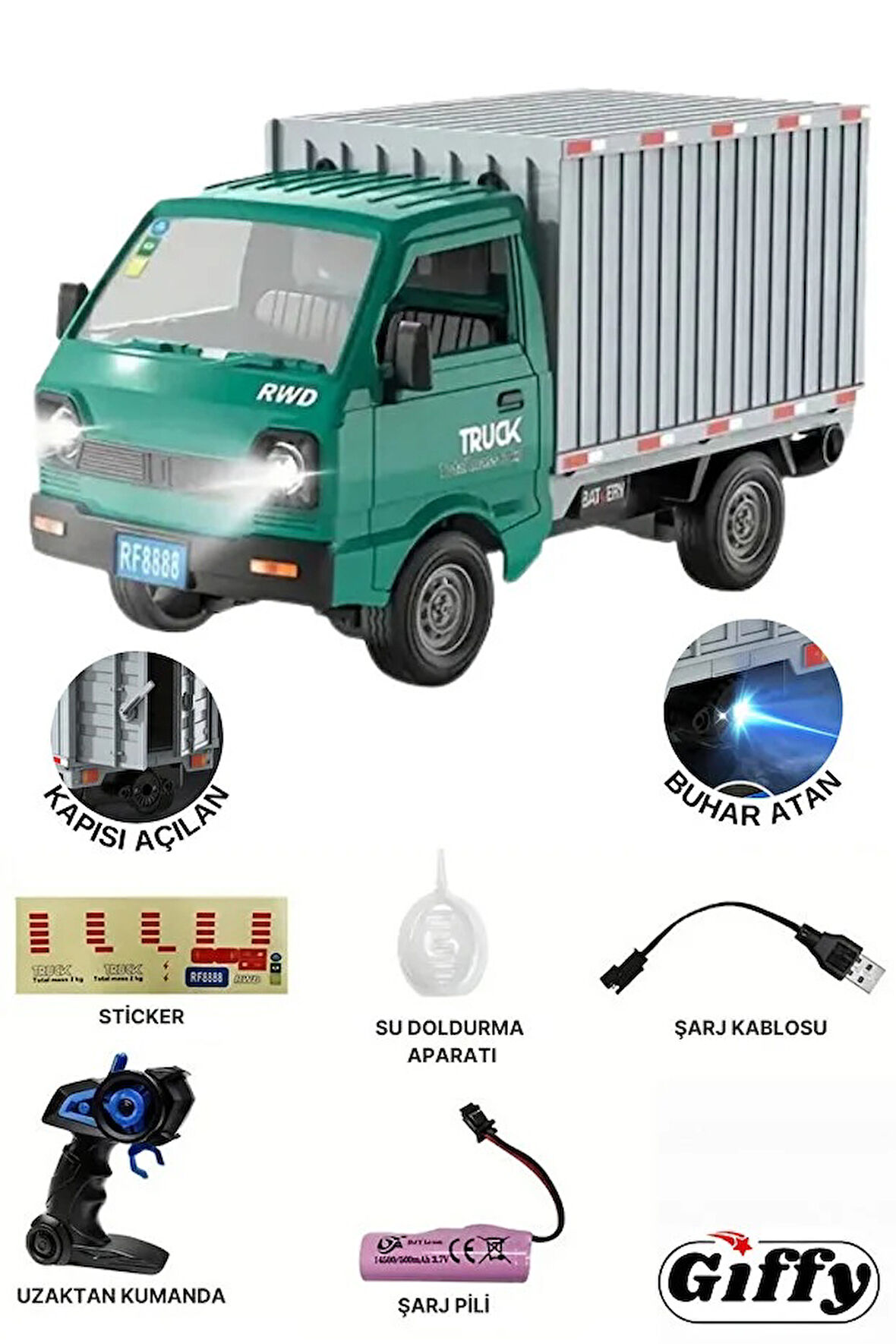 Uzaktan Kumandalı RC Kamyonet ,Buhar Atan, Şarjlı, Ses Efektli, Işıklı, Kapıları Açılan, 2.4 GHZ