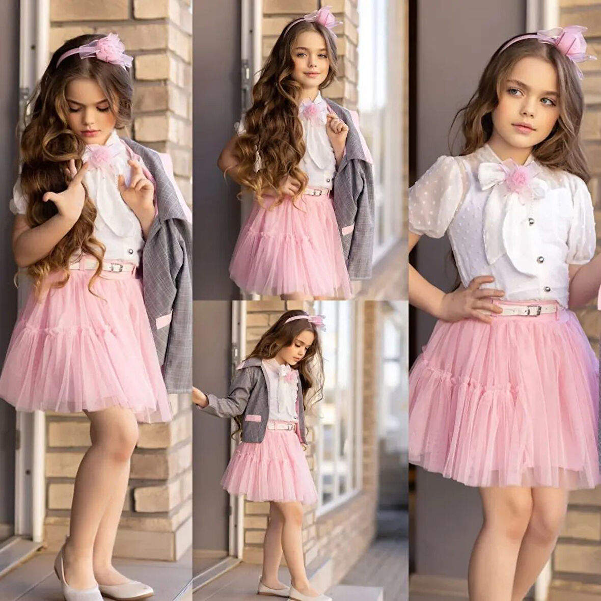 Kız Çocuk 7 Parça Kombin Takım (Ceket, Etek, Gömlek, Badi, Toka, Broş, Kemer) – 3-7 Yaş