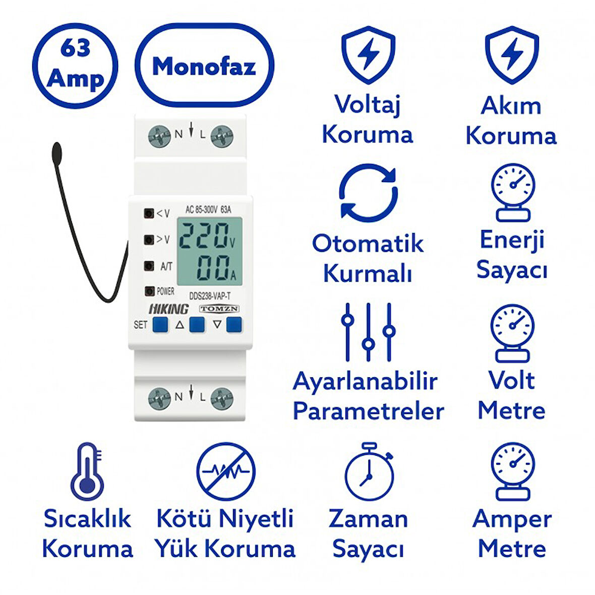 Tomzn Hiking Sıcaklık Korumalı Voltaj ve Akım Koruma Rölesi 63A Dahili Kontaktör Elektrik Bekçisi